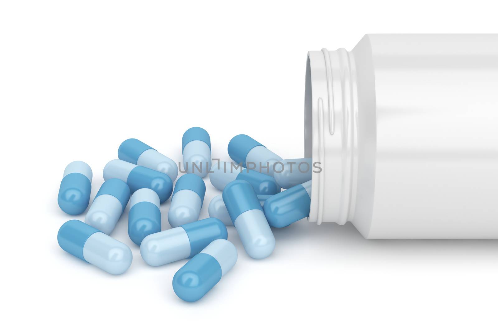 Blue capsules spilling out of plastic bottle 