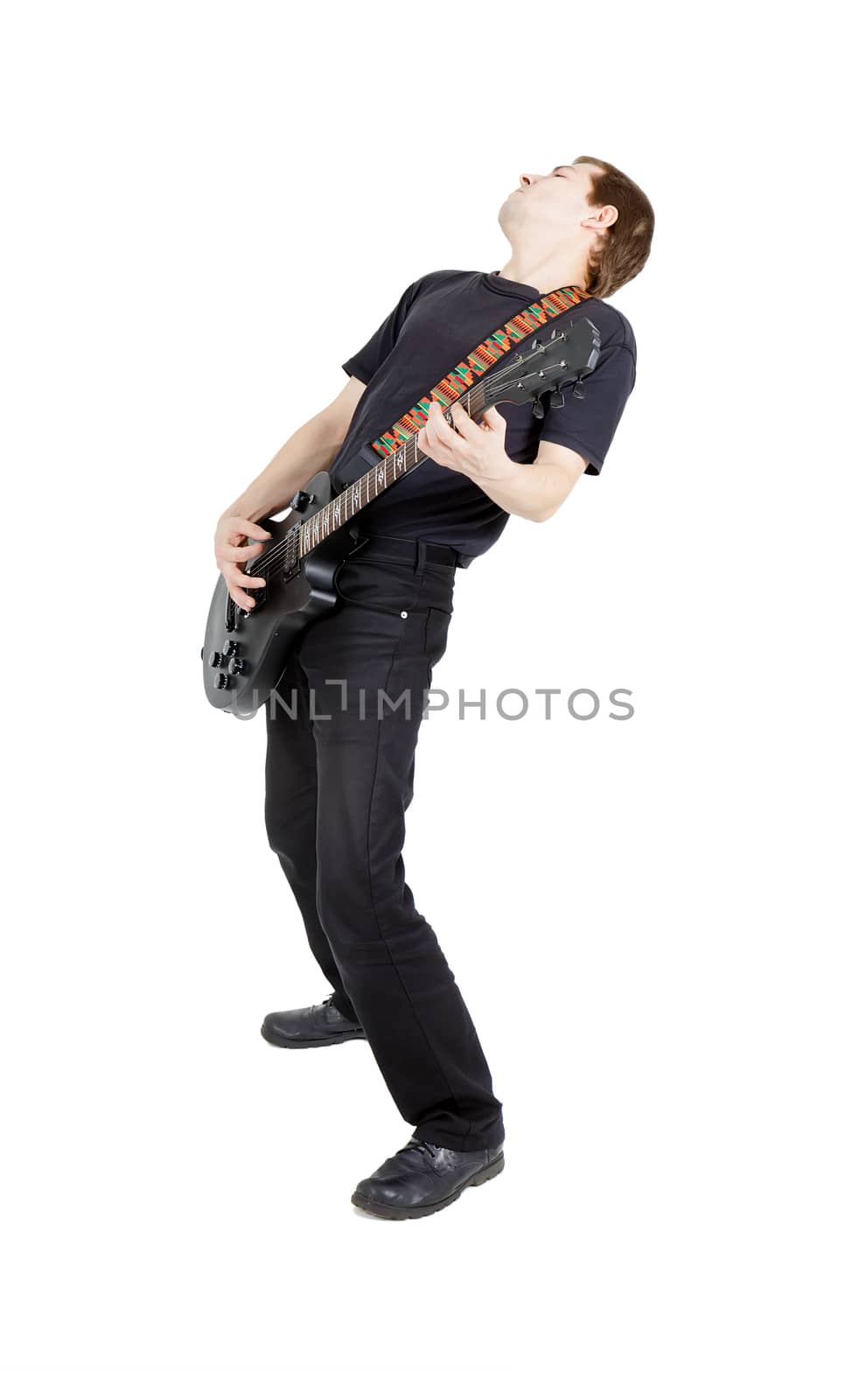 Man with a guitar on a white background. Performer with an electric guitar