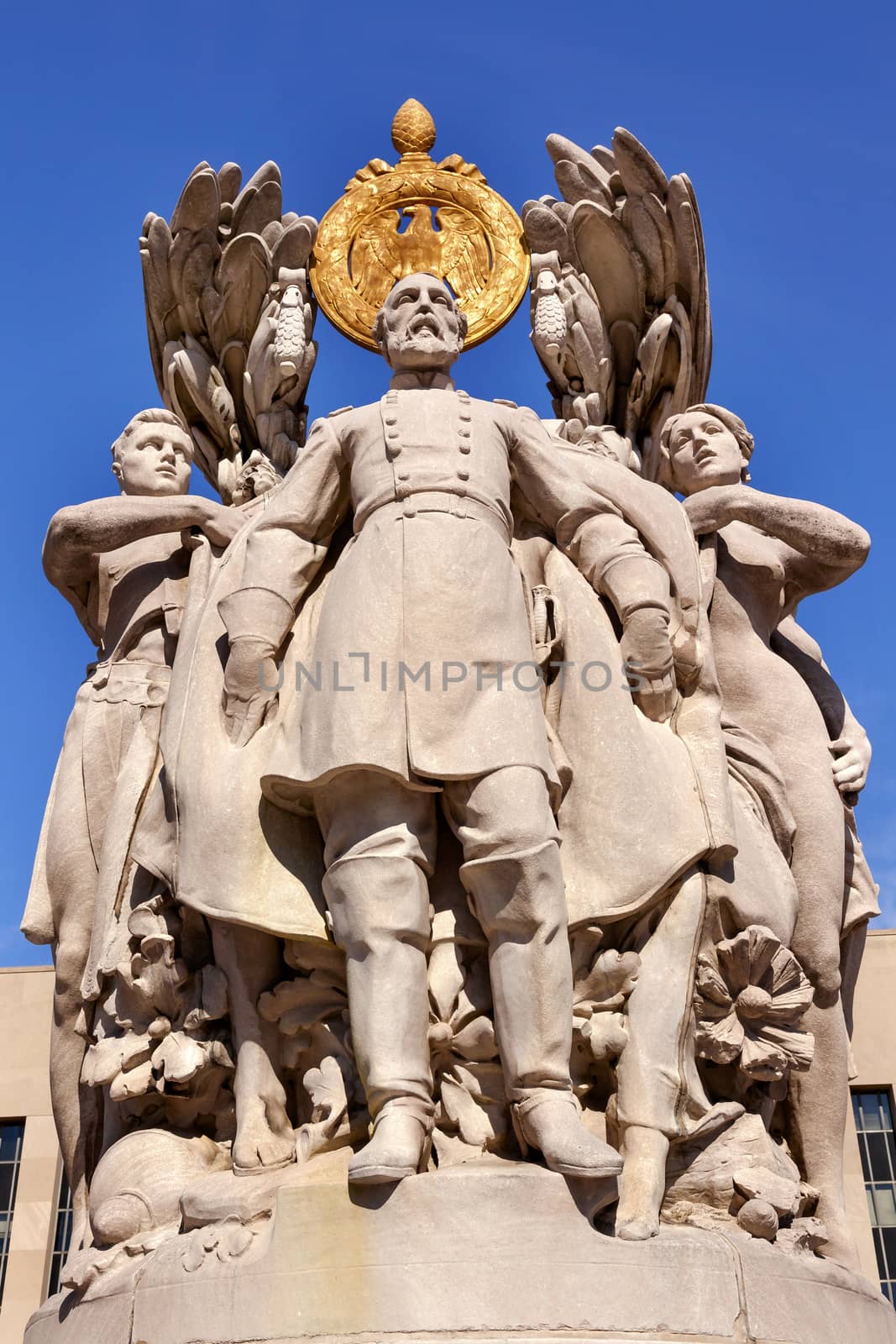 George Gordon Meade Memorial Civil War Statue Pennsylvania Ave Washington DC Public Artwork given by the State of Pennsylvania.  Artist is Charles Grafly and Statue was dedicated in 1927.  General in Charge of Union at Gettysburg Battle. Residents of Pennsylvania paid for the statue, surrounded by six figures symbolizing the traits of a good general