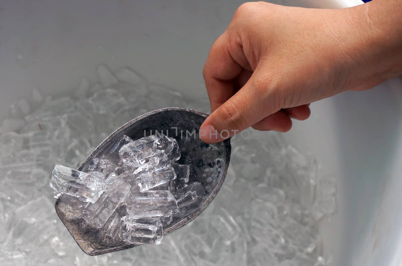 Hand is holding the ice scoop, in a cooler packed with ice.                              