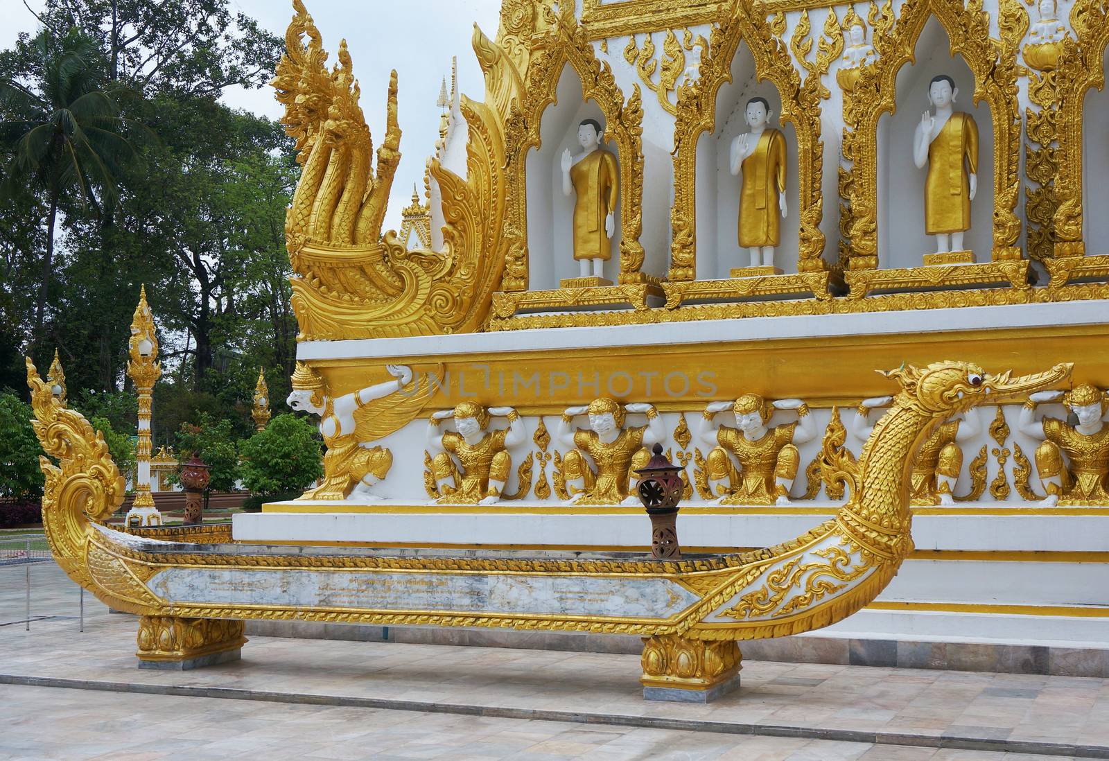 Scenery inside the temples of Laos, had incense burner great na-ga, gold yellow color.                              