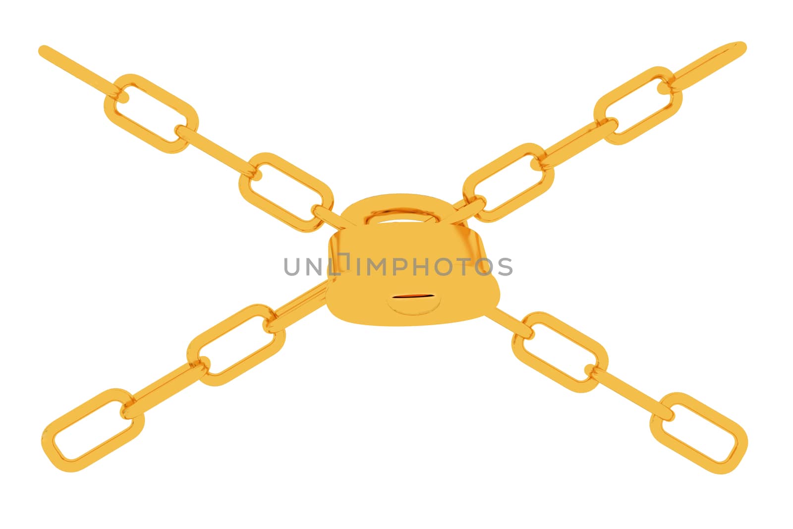 gold chains and padlock on white background - 3d illustration on a white background