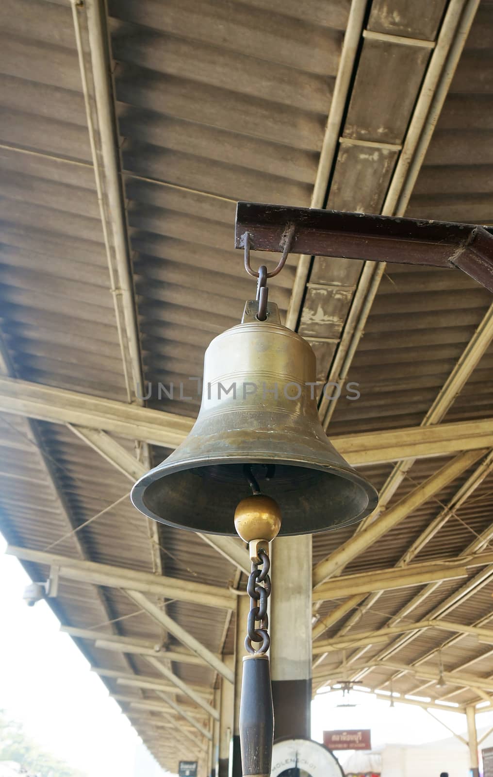 Metal handbell hanging at the train station.
Intended to be a signal that the train was leaving.                              