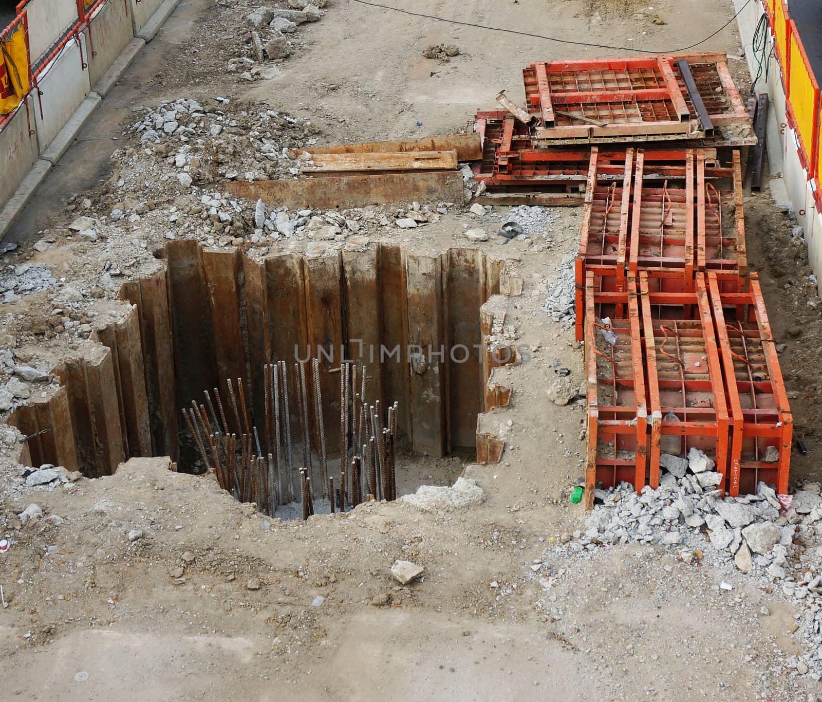 Piling Construction for the passenger cabin. The reinforced with steel bars in drilled holes.                               