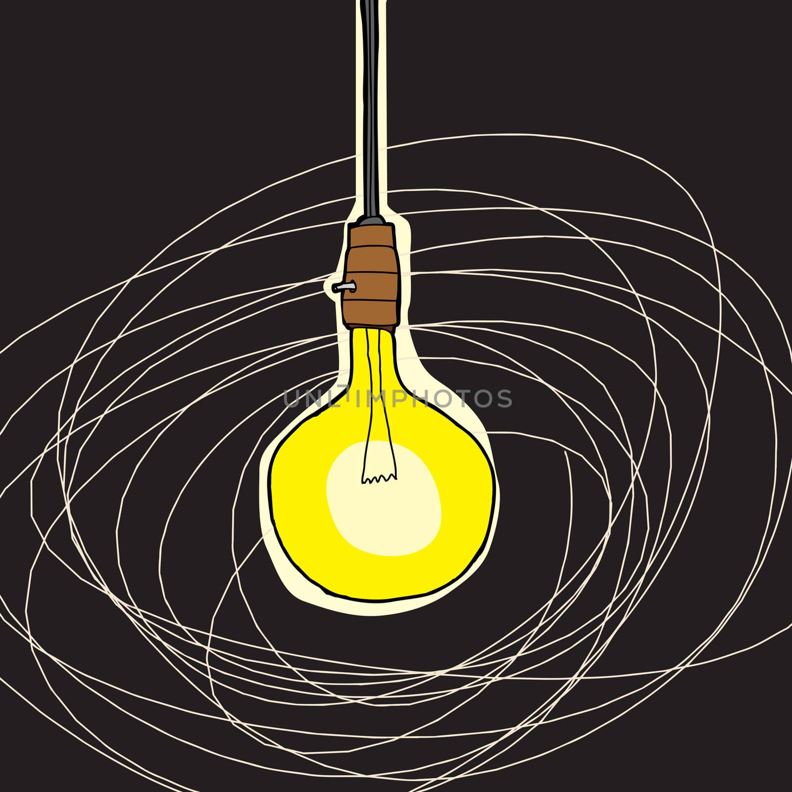 Abstract cartoon of bare bulb lamp over black background