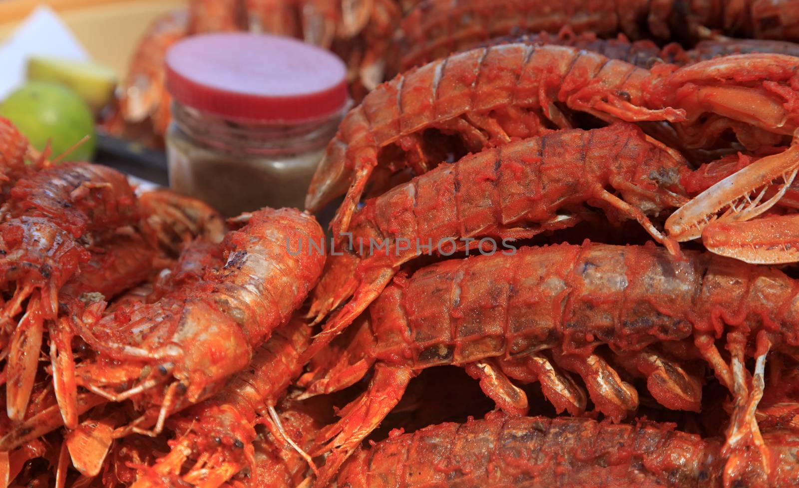 Freshwater prawn seafood. Preparation for a grill