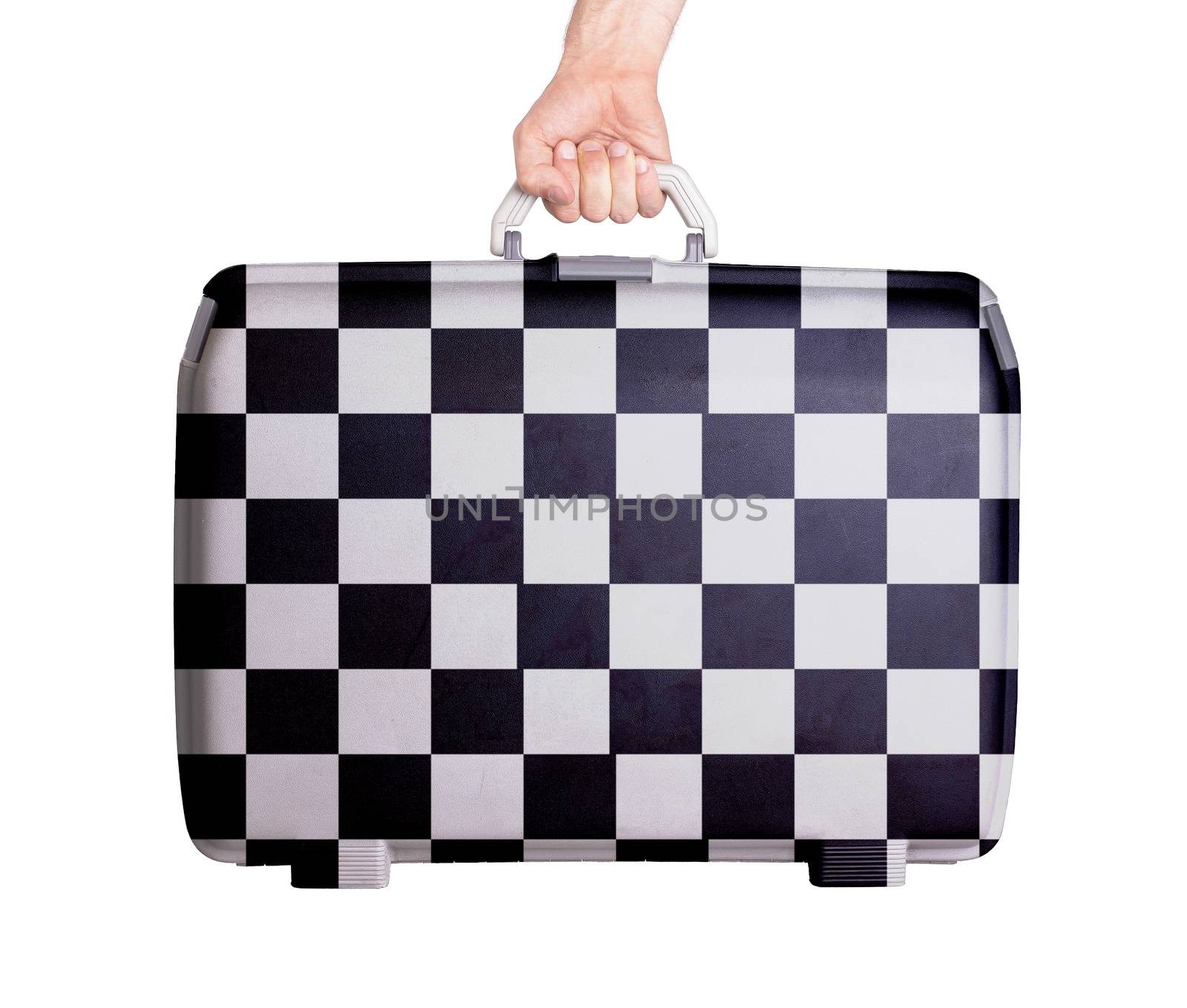 Used plastic suitcase with stains and scratches, printed with sign, finish flag