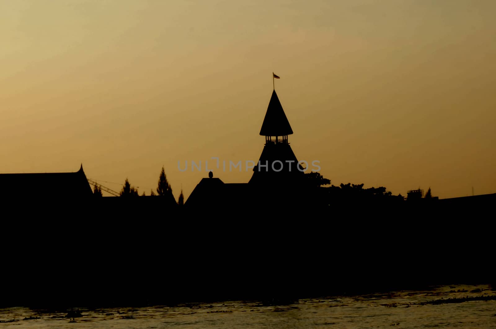 The scenery of riverside near dusk, after sunset in Thailand was Peaceful atmosphere.                       