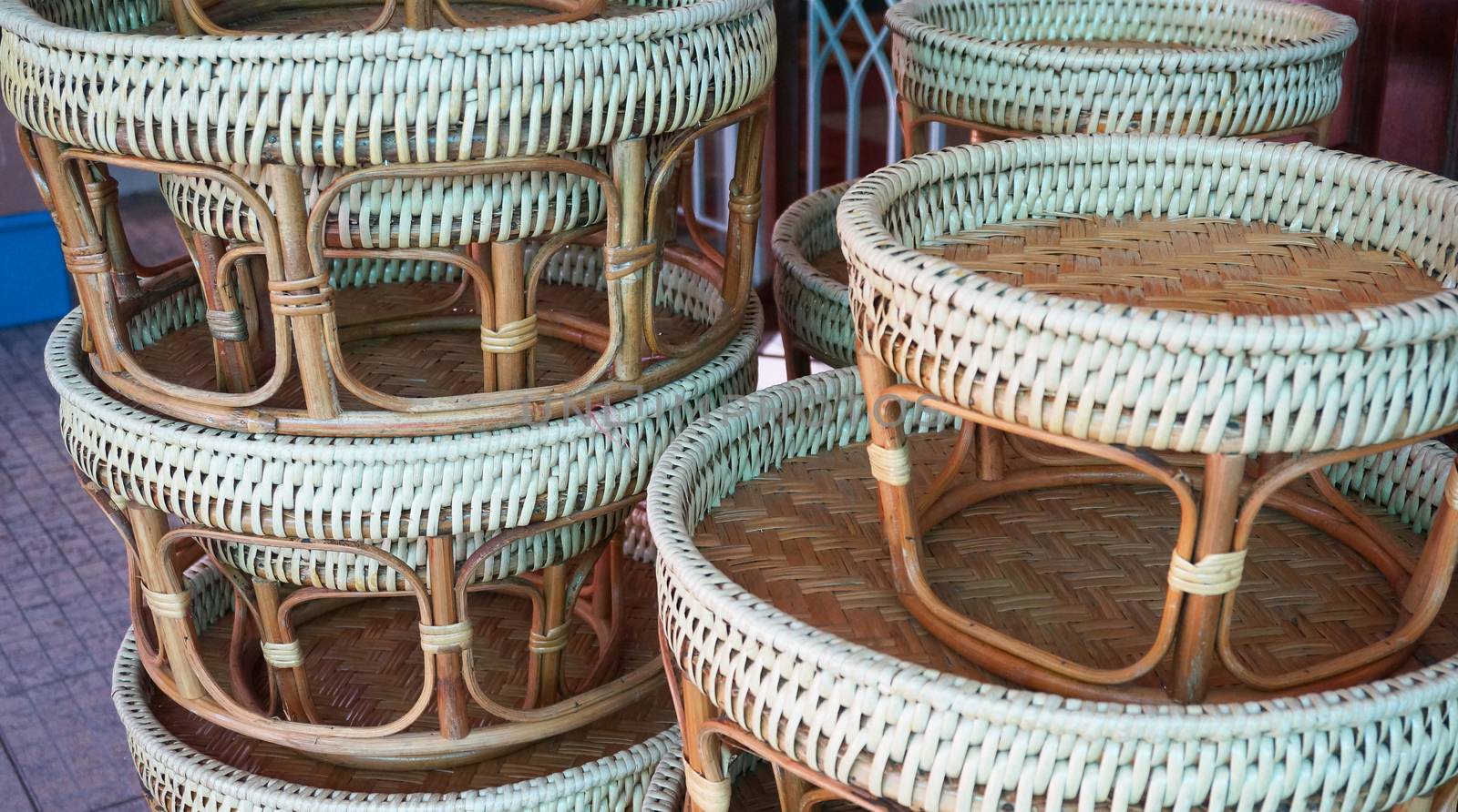 Thai northern traditional wooden tray, made of woven bamboo, put plate of food and a plate of rice.                            