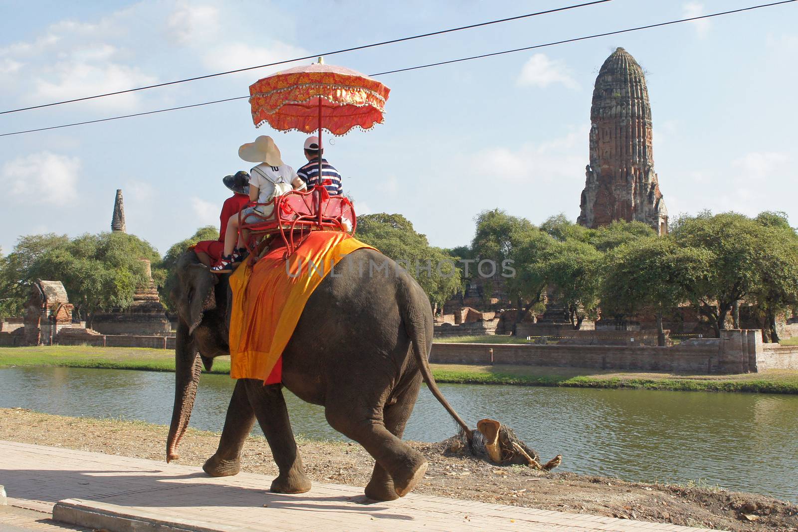 AYUTTHAYA, THAILAND - JANUARY 22, 2011: Tourists riding an elephant on January 22, 2011 in Ayutthaya, Thailand, Asia