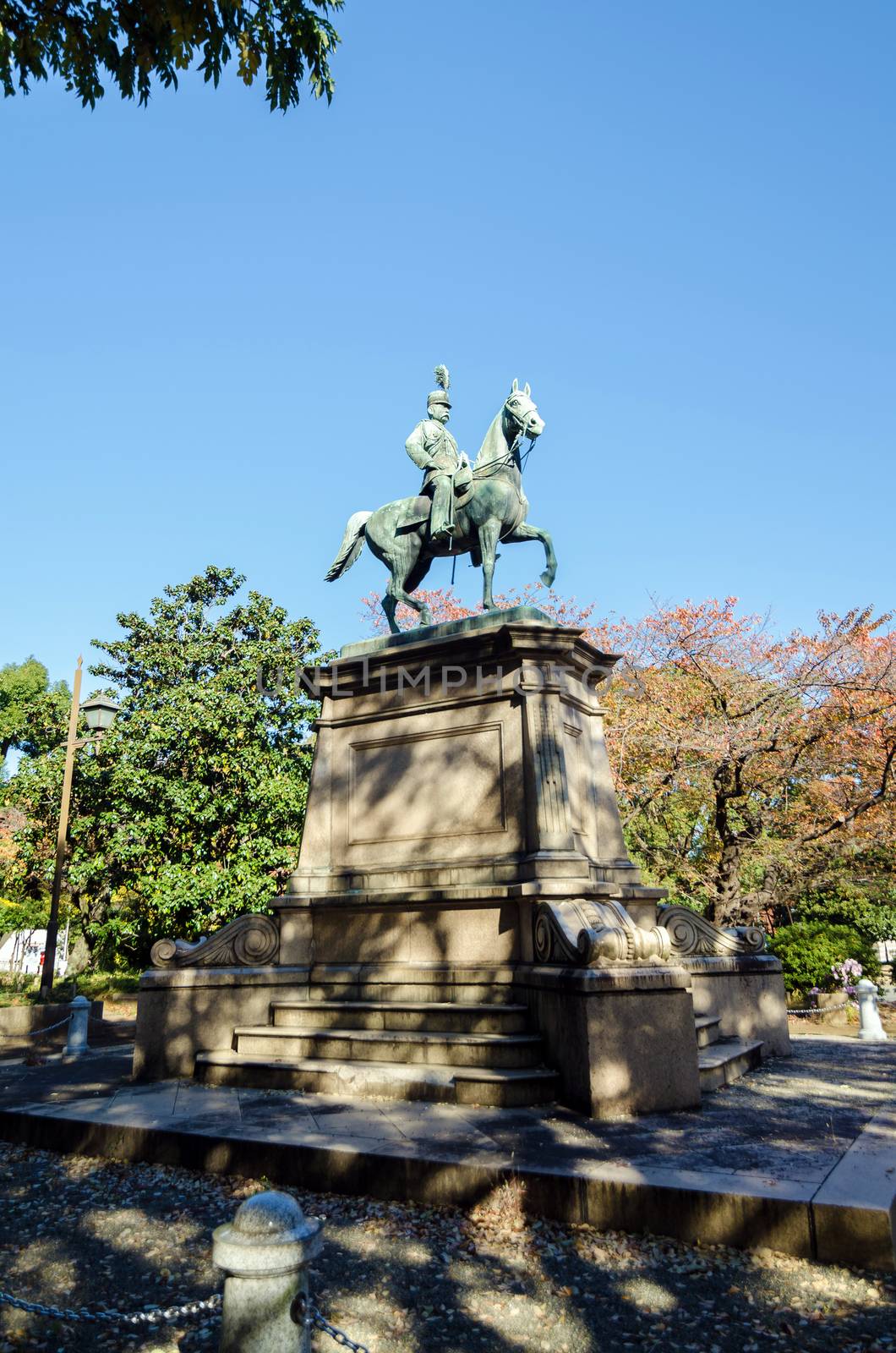 Statue of warrior on horse in Ueno district by siraanamwong