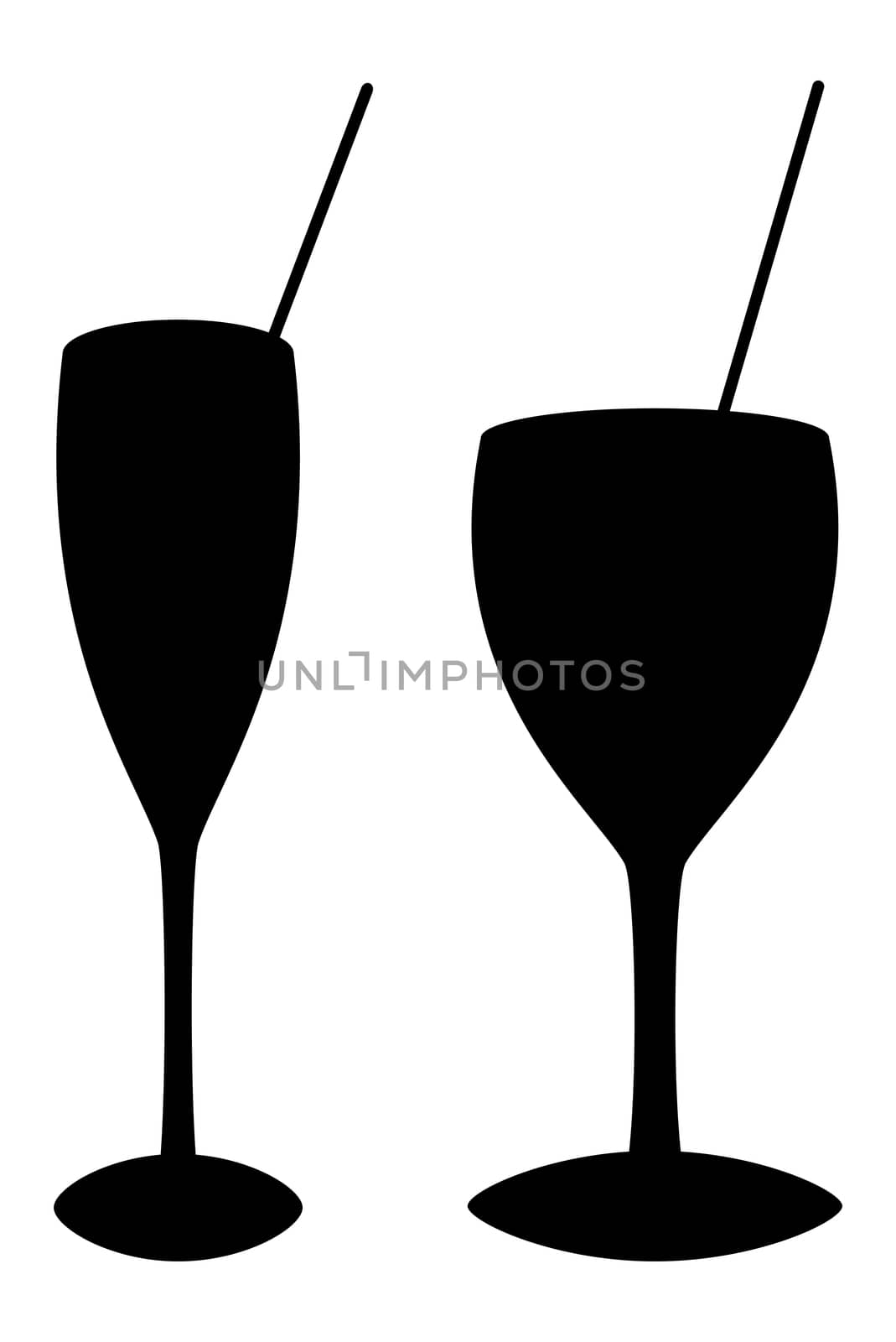 Glasses of wine, black silhouette on a white background.