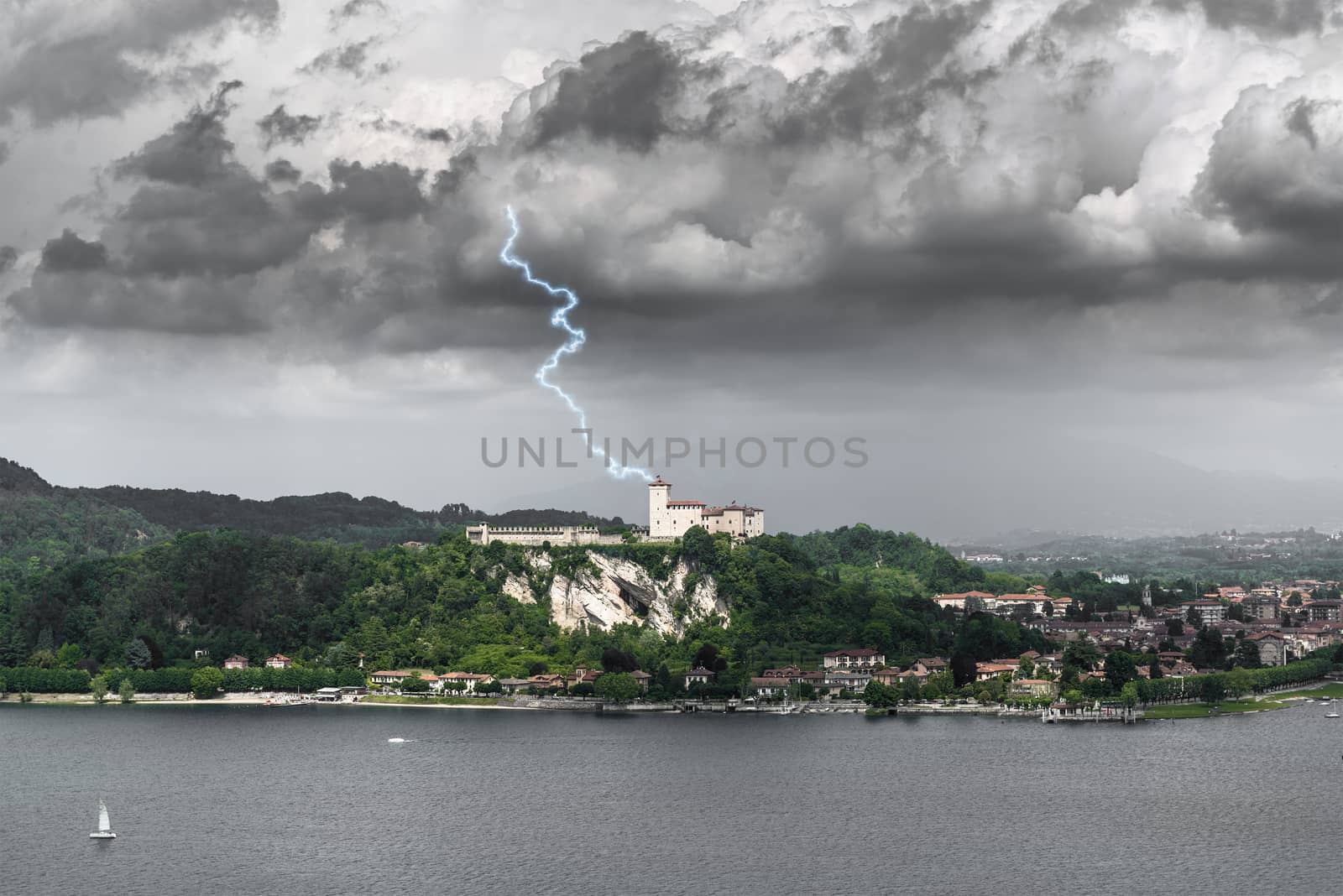 Thunderstorm and lightning over the Fortress of Angera, Varese