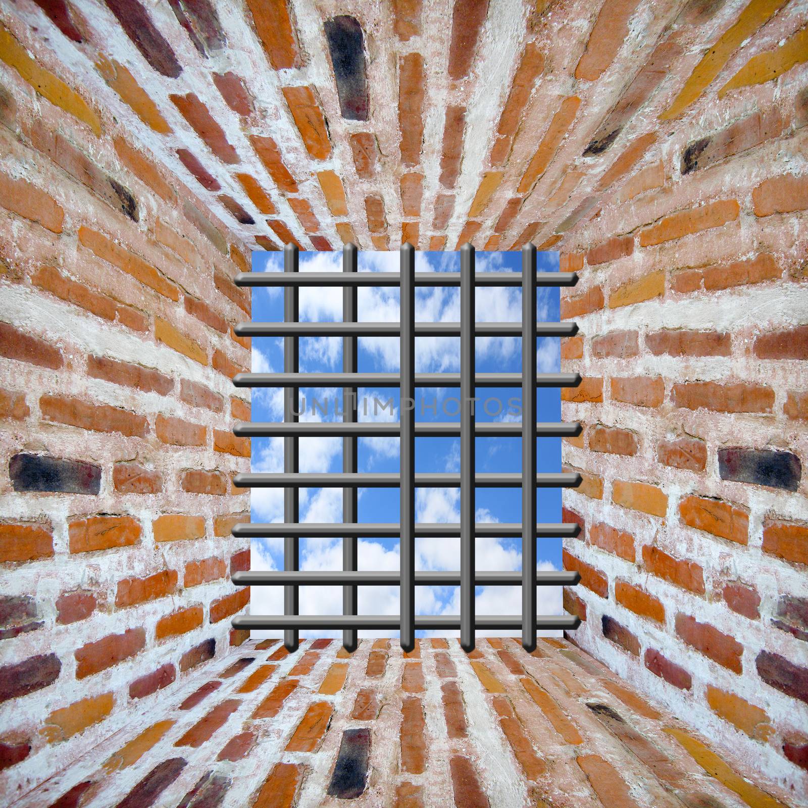 Prison's window and bars in wall from brick by alexmak