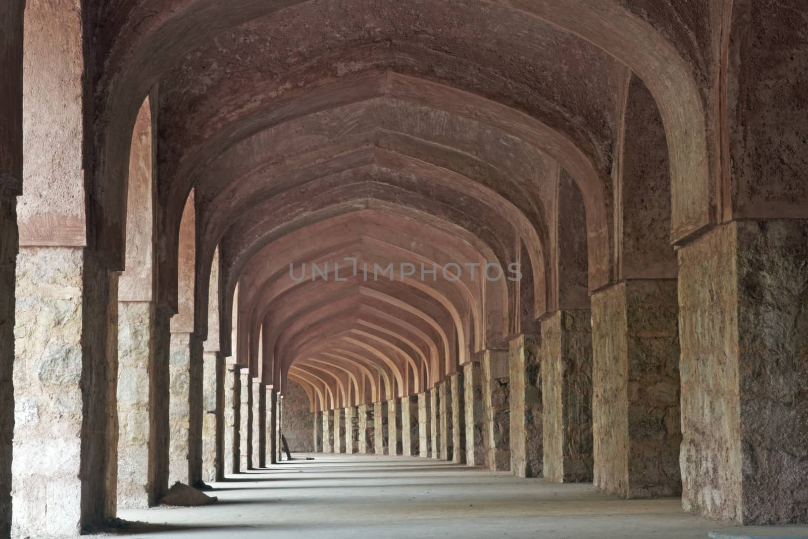 Cloisters inside the historic fort of Purana Qila in Delhi, India. 16th Century AD.