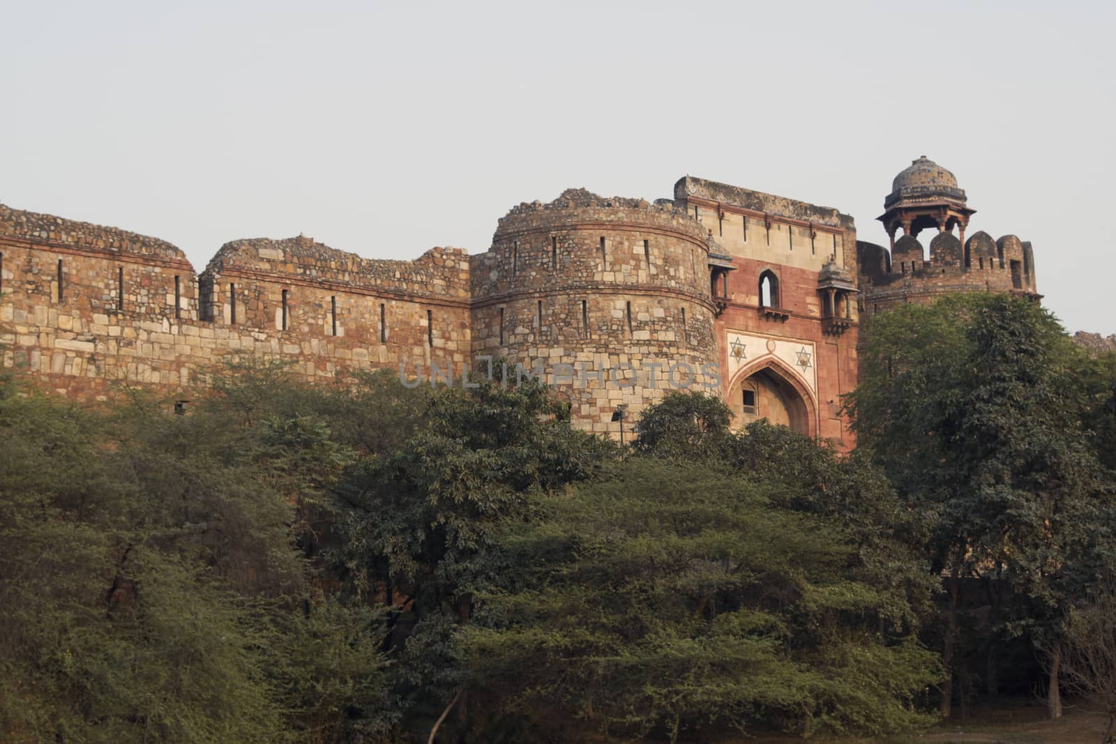 Detail of fortified entrance to the historic Mughal fort of Purana Qila in Delhi, India. 16th Century AD.