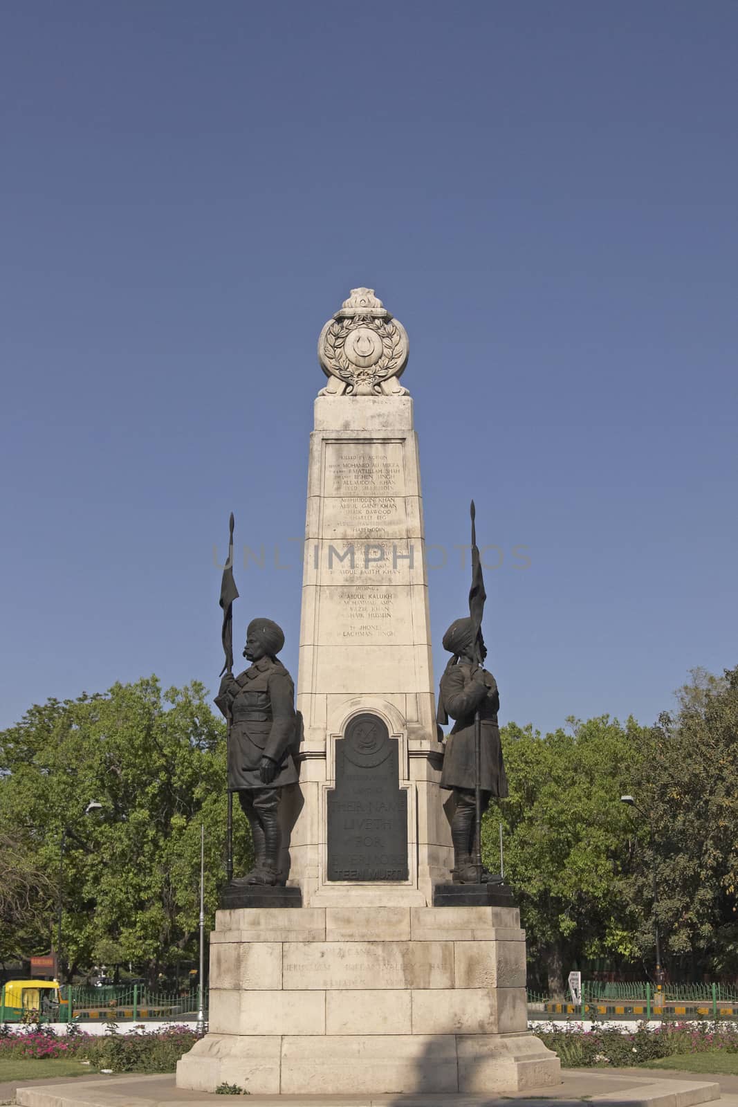 Military memorial to the Hyderabad Lancers on a roundabout (Teen Murti) in New Delhi, India