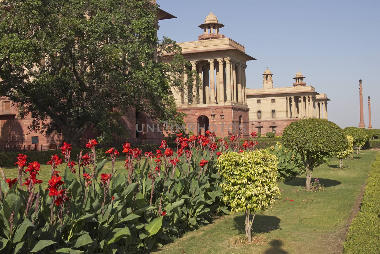 Indian Government buildings built originally during British colonial rule. Raj Path, New Delhi, India. Built circa 1931 AD