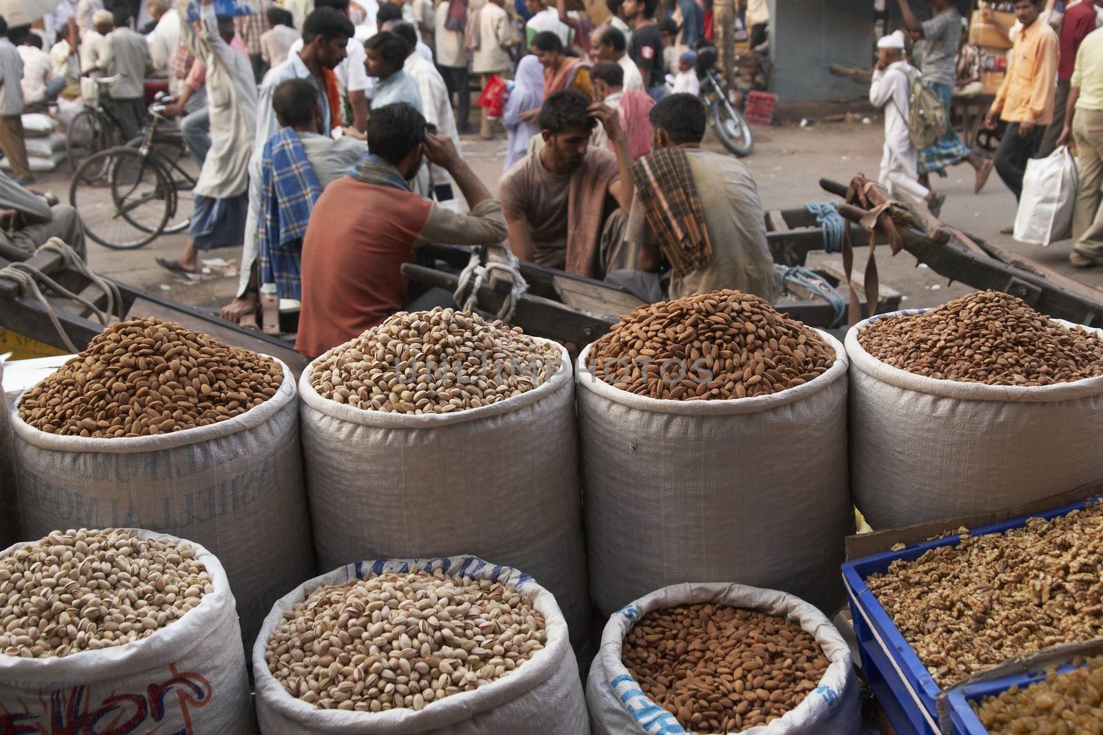 Nuts for sale in the crowded streets of Old Delhi, India