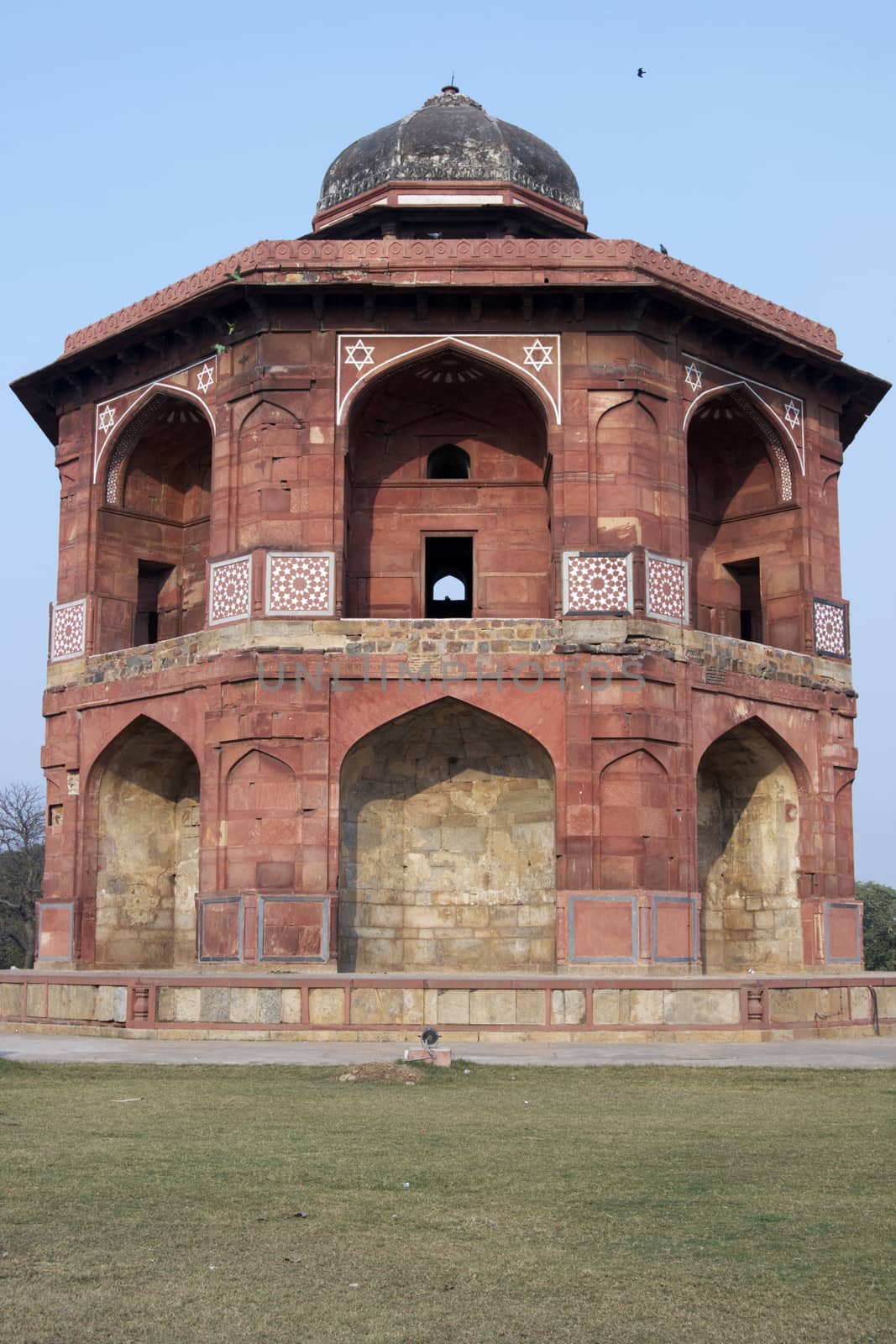 Islamic style octagonal building (Sher Mandal) inside the historic fort Purana Qila in Delhi, India. 16th Century AD.