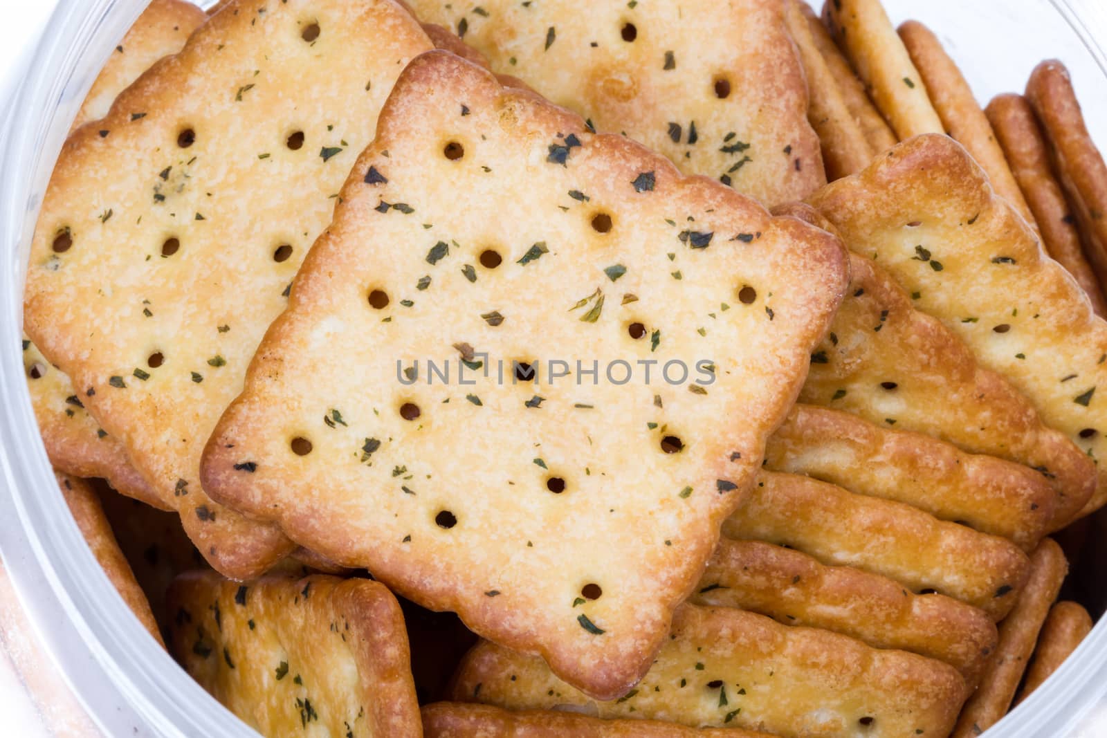 Vegetable crackers in plastic box - closed up