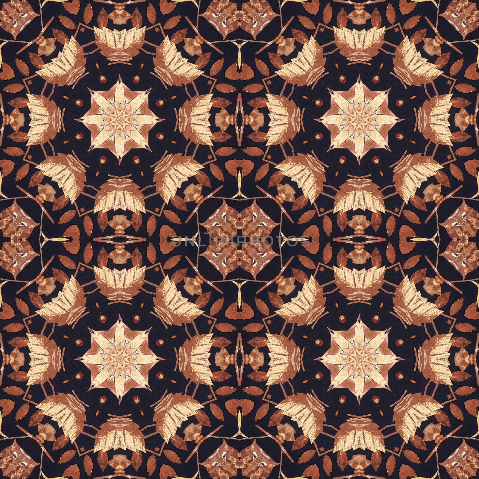 Abstract artistic pattern, seamless handmade floral ornament, applique from the back side of a birch bark on black fabric background