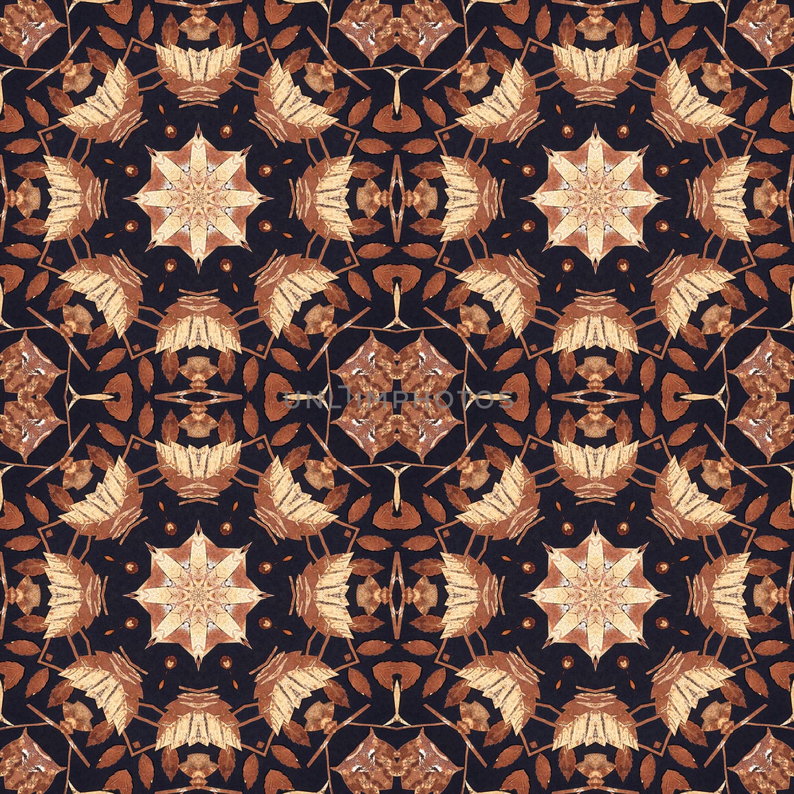 Abstract artistic pattern, seamless handmade floral ornament, applique from the back side of a birch bark on black fabric background