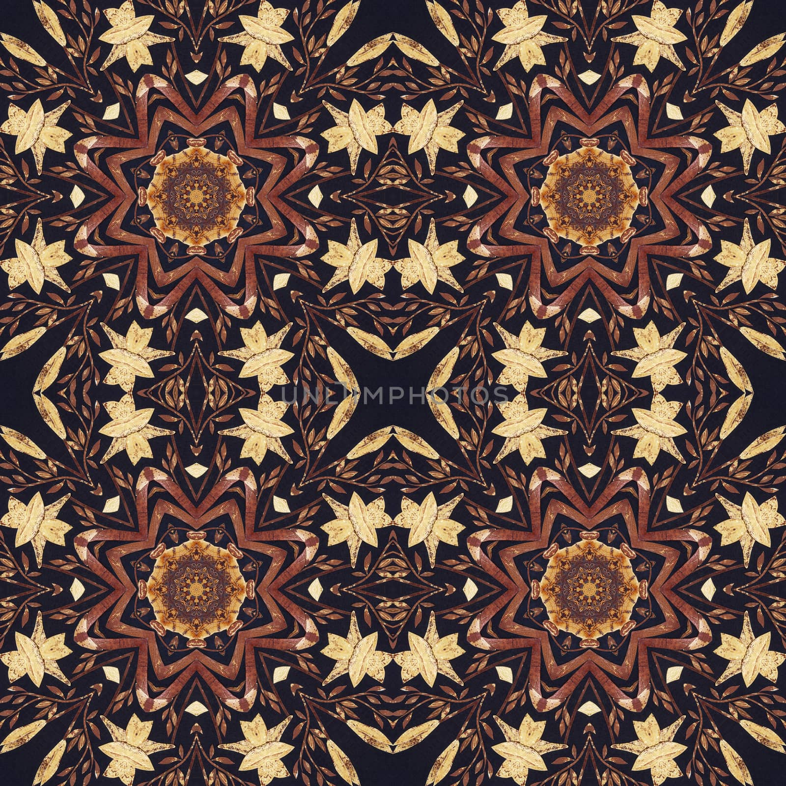 Abstract artistic pattern, seamless handmade floral ornament, applique from the back side of a birch bark on black fabric background
