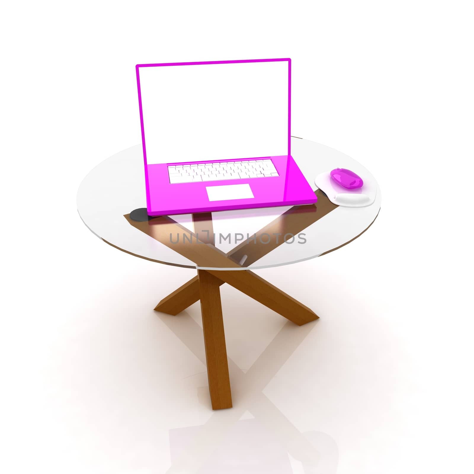 pink laptop on an exclusive table on a white background