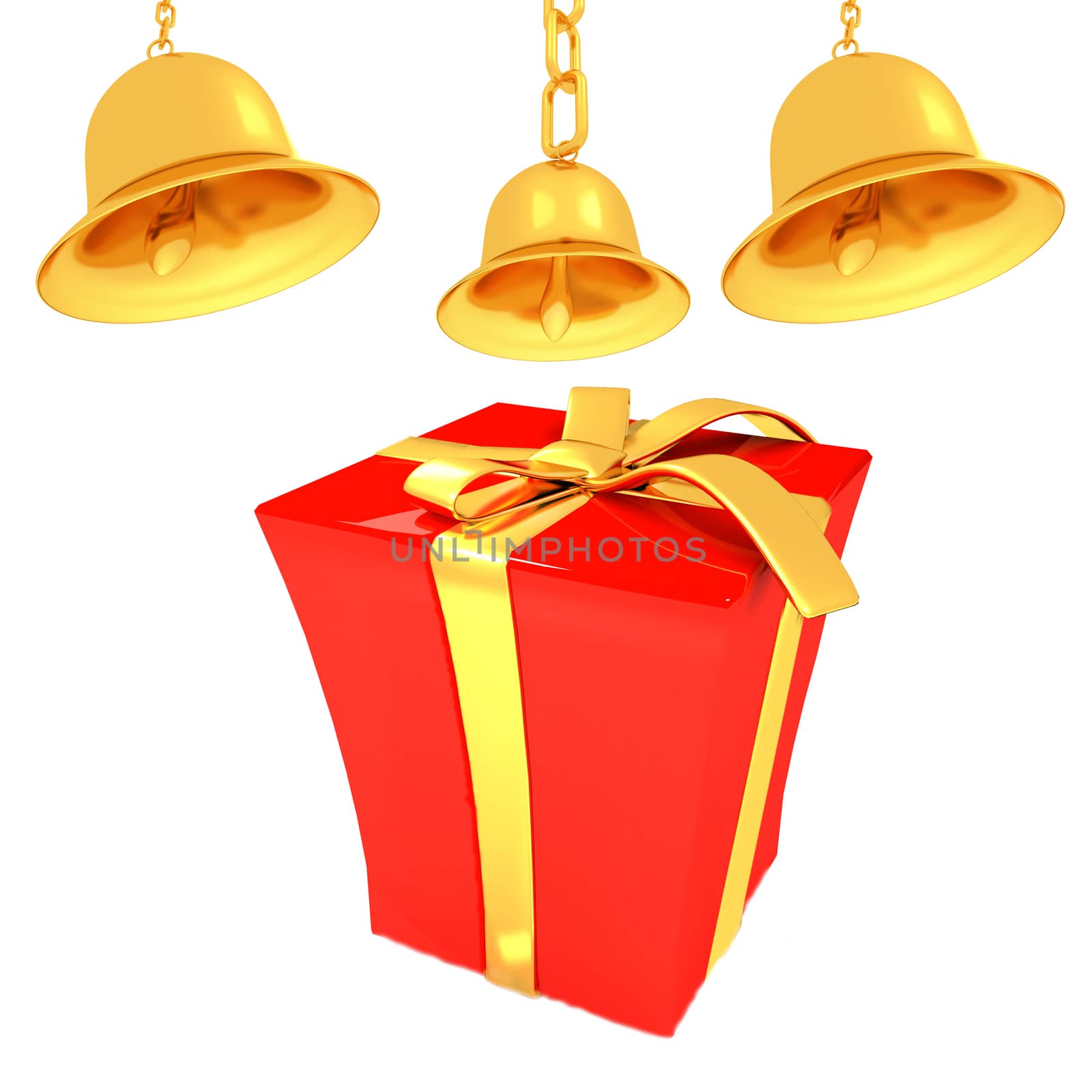 Gold bell and red gift box with golden ribbon by Guru3D