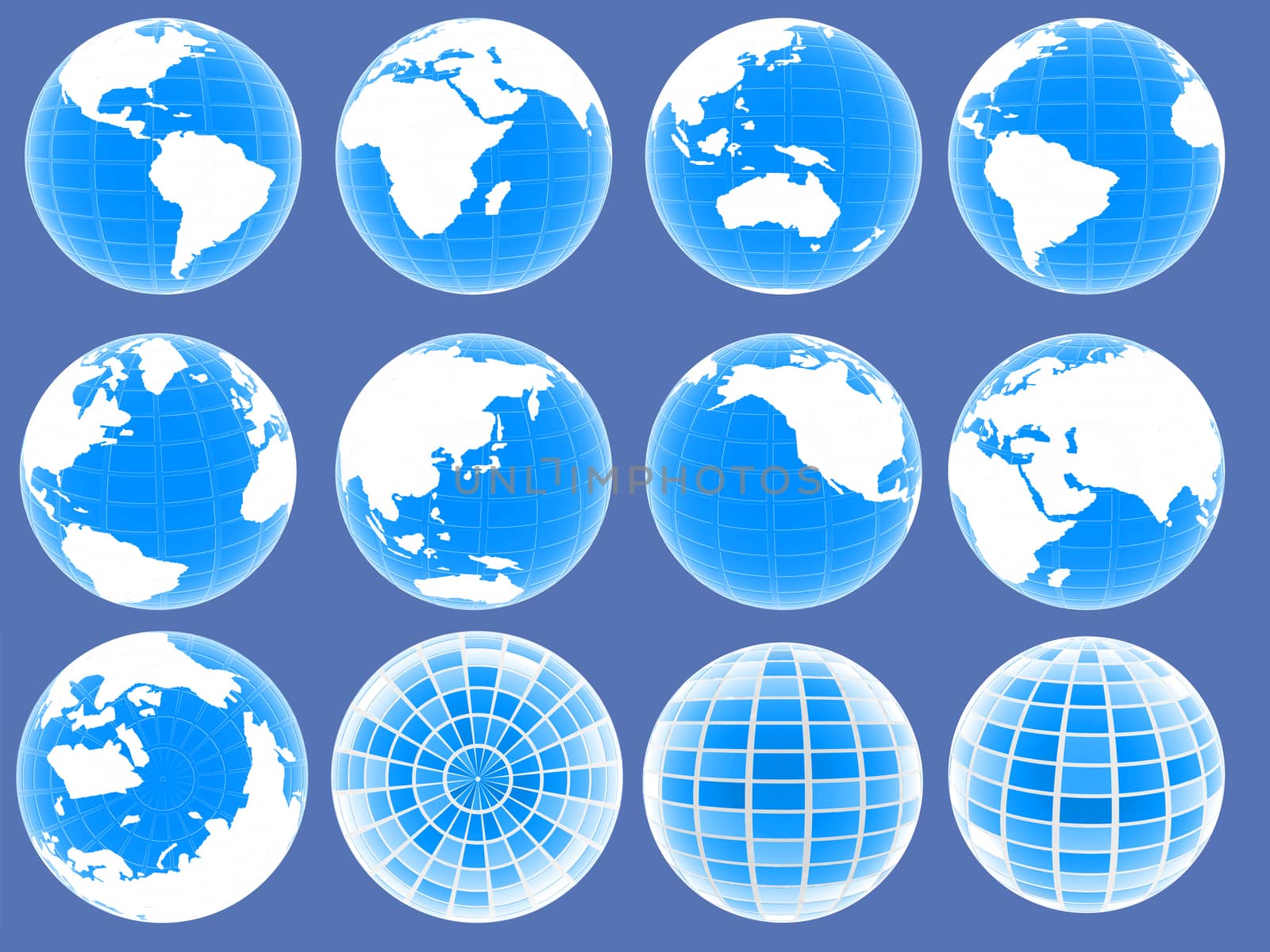 Set of 3d globe icons showing earth with all continents by Guru3D