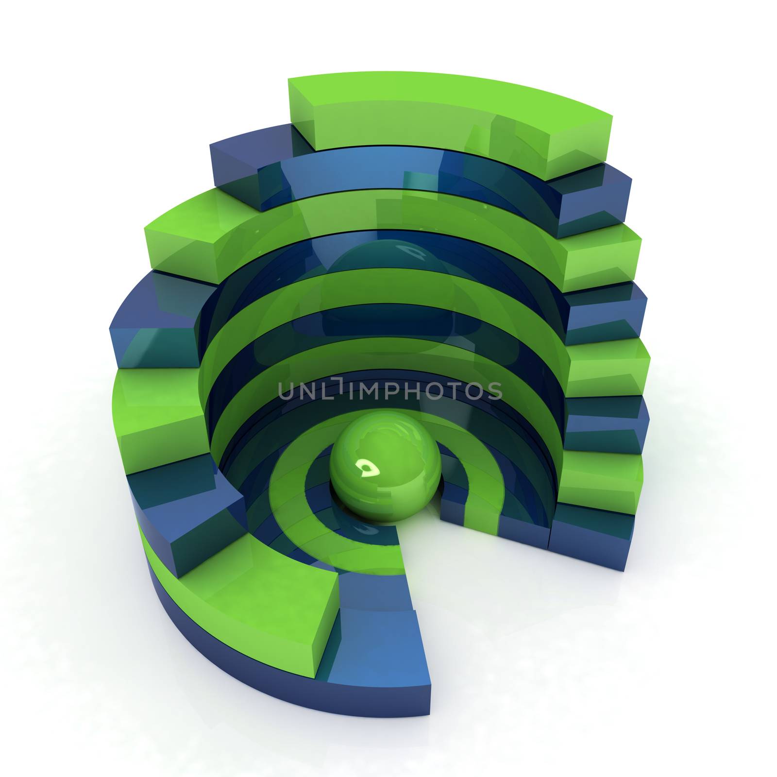 Abstract structure with green bal in the center on a white background