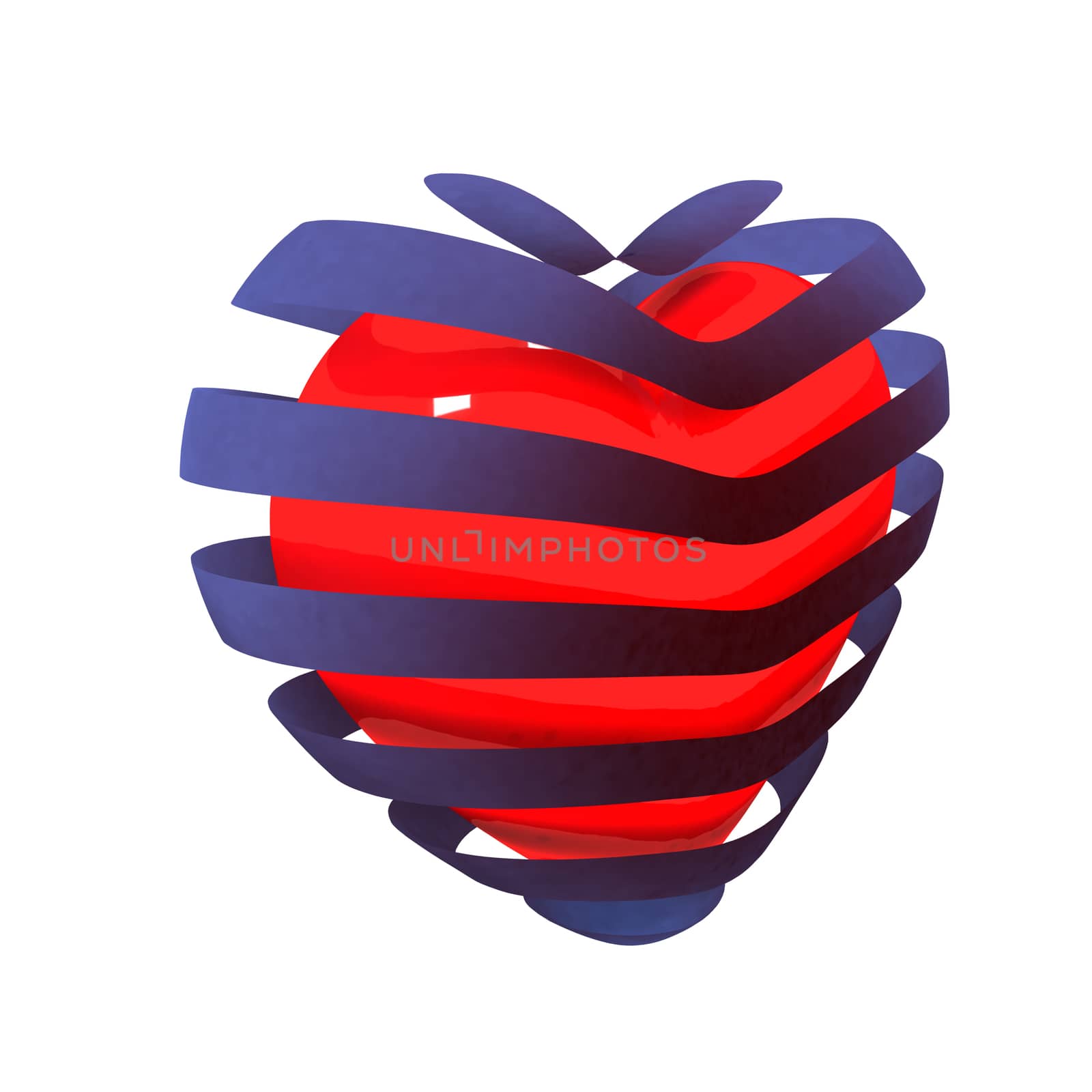 3d beautiful red glossy heart of the bands on a white background