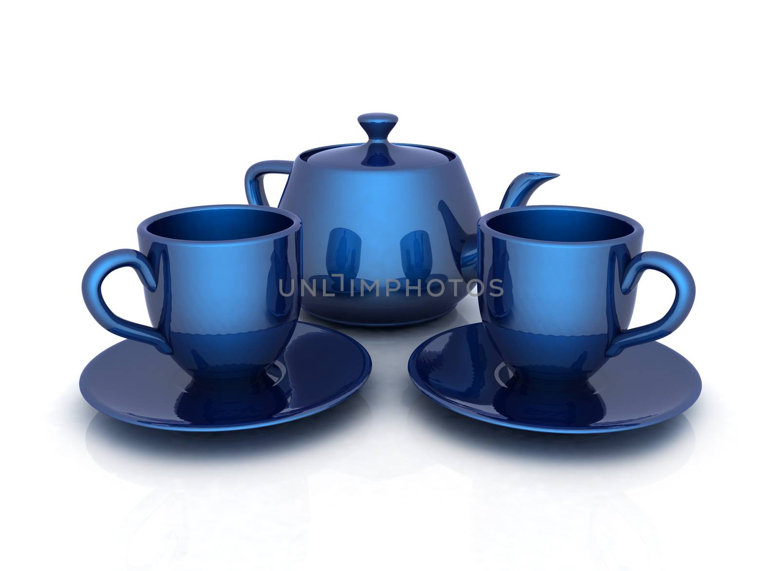 3d cups and teapot on a white background