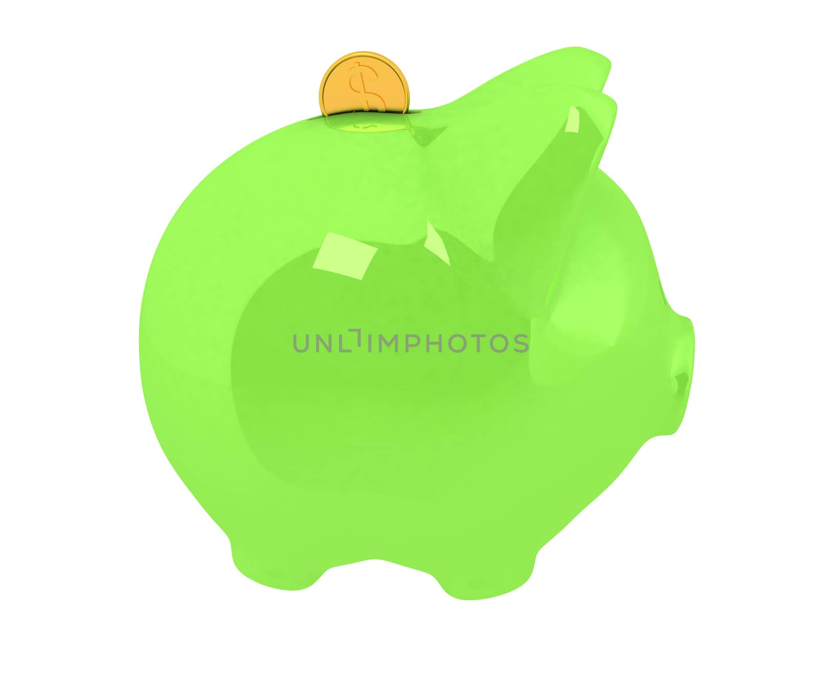 piggy bank and falling coins on white background