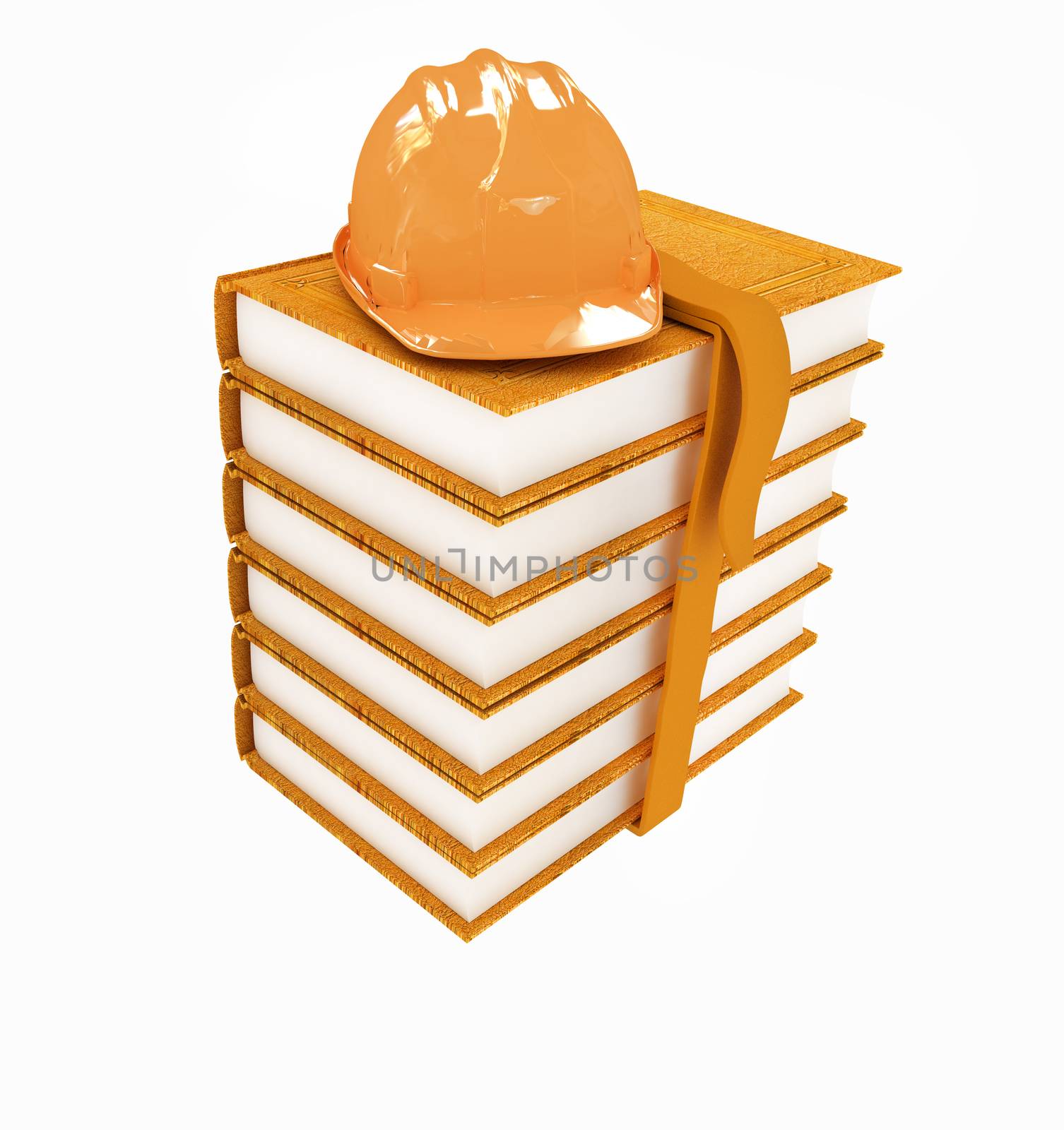 Stack of leather technical book with belt and hard hat on white background 