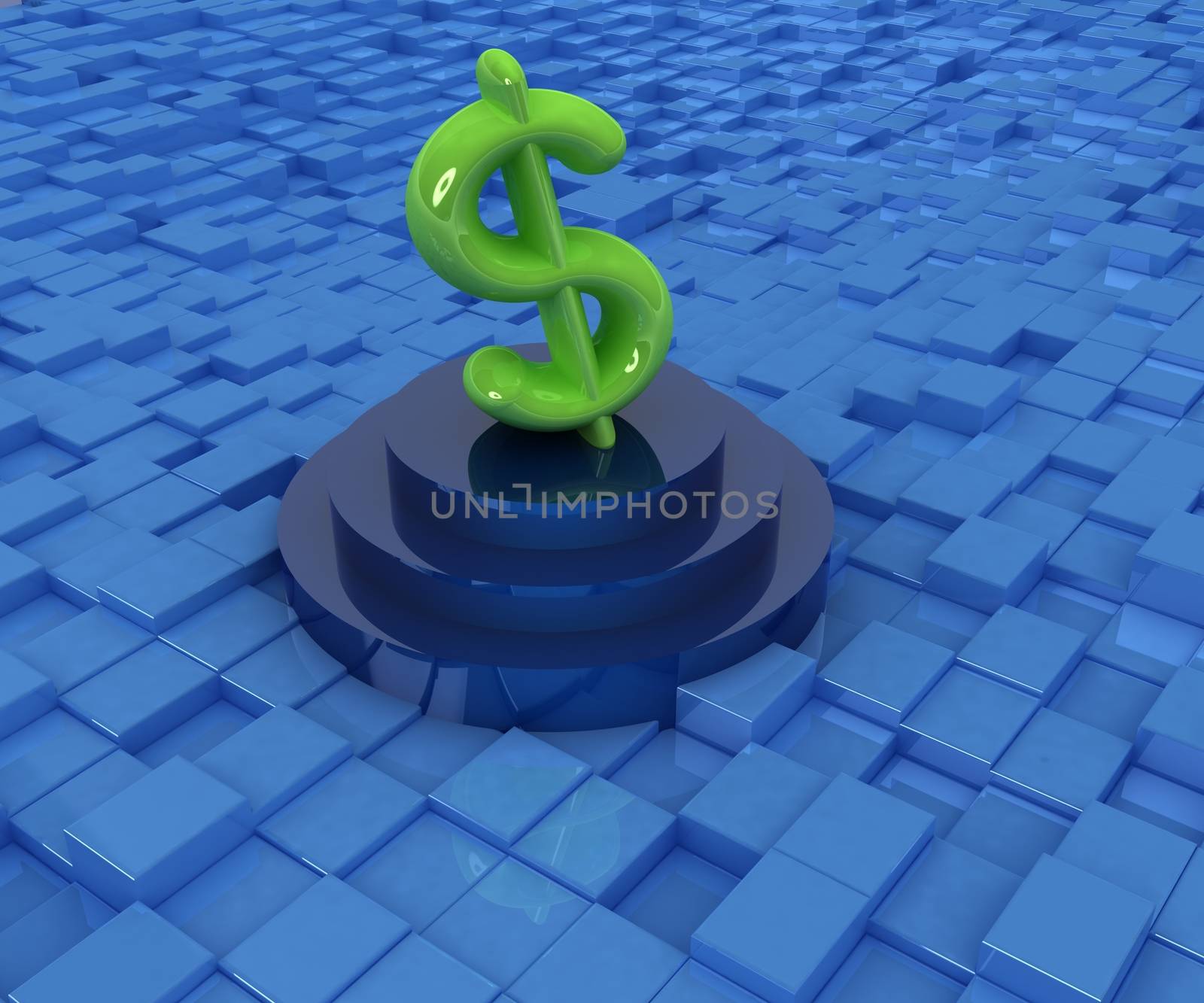 icon dollar sign on podium against abstract urban background