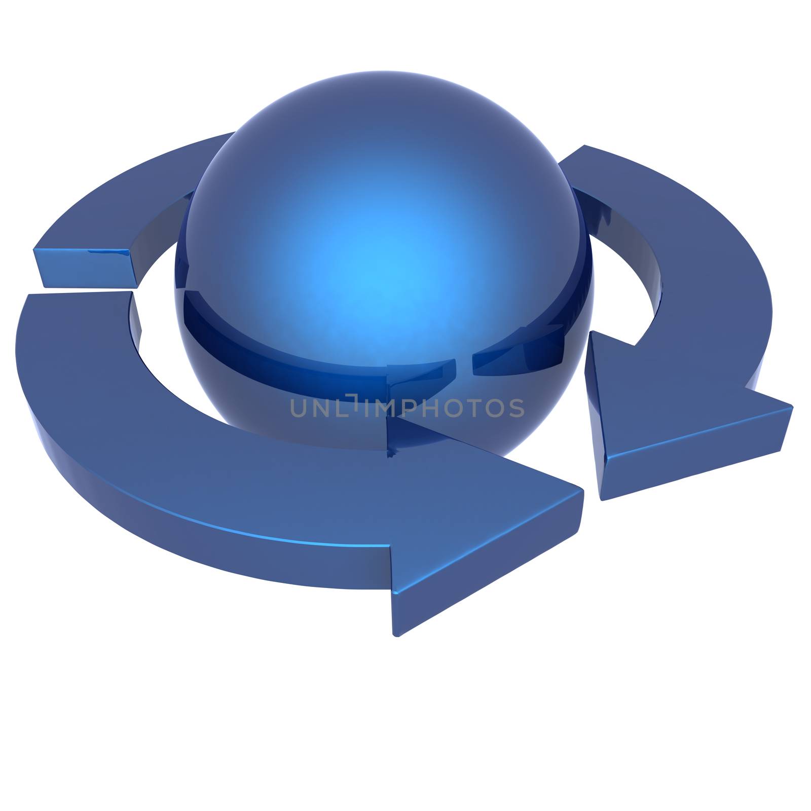 Abstract blue sphere and arrows on a white background