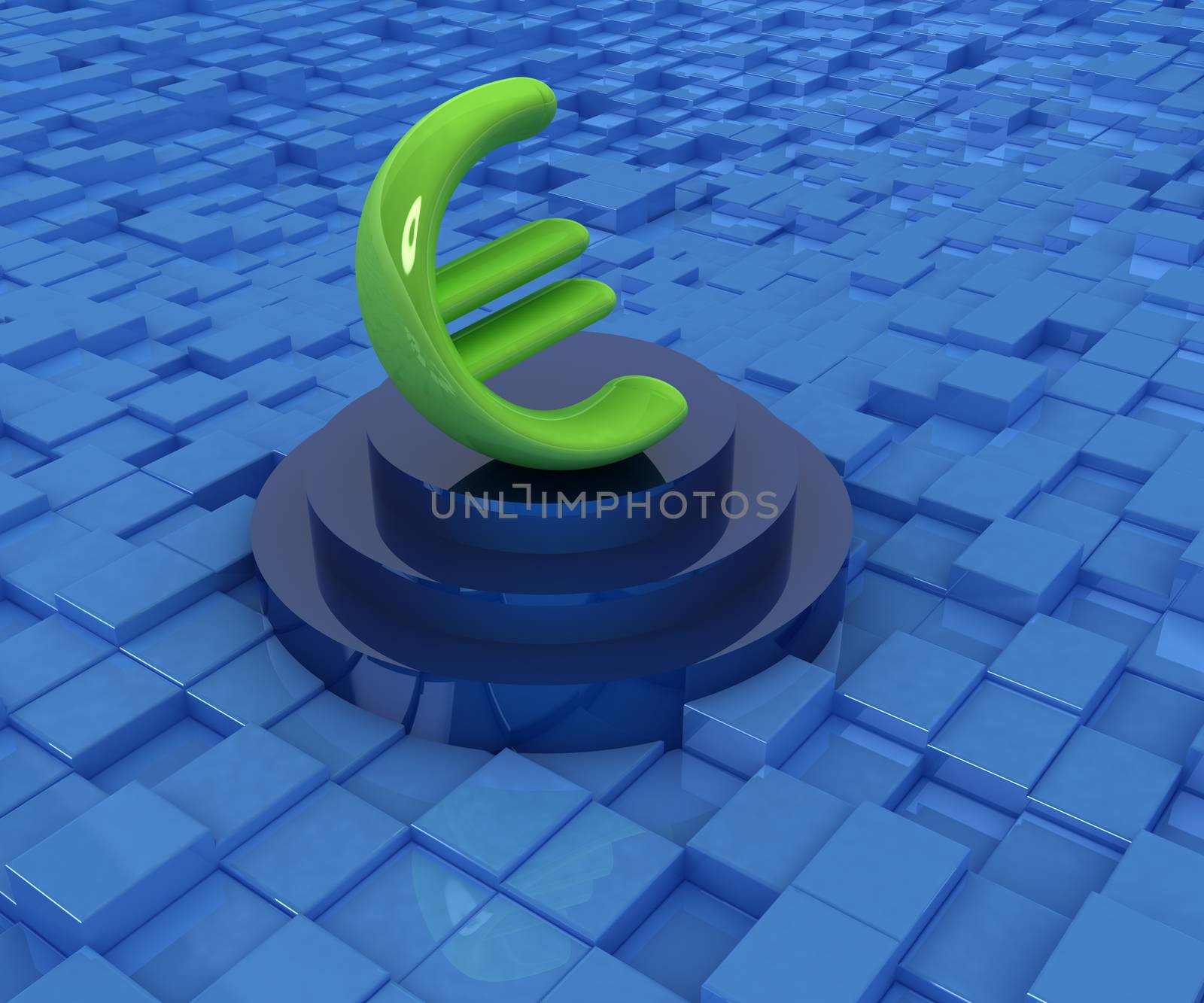 Euro sign on podium. 3D icon on abstract urban background 