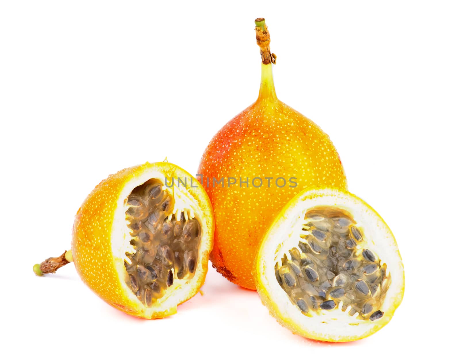 Fresh Ripe Grenadilla - Passion Fruit - Full Body and Halves isolated on white background