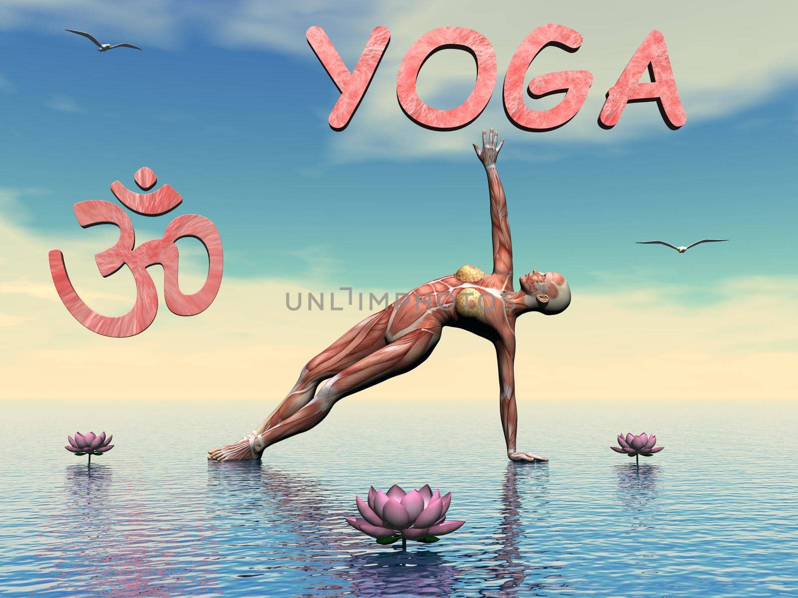 Woman practicing yoga upon water next to aum symbol and lily flowers by day