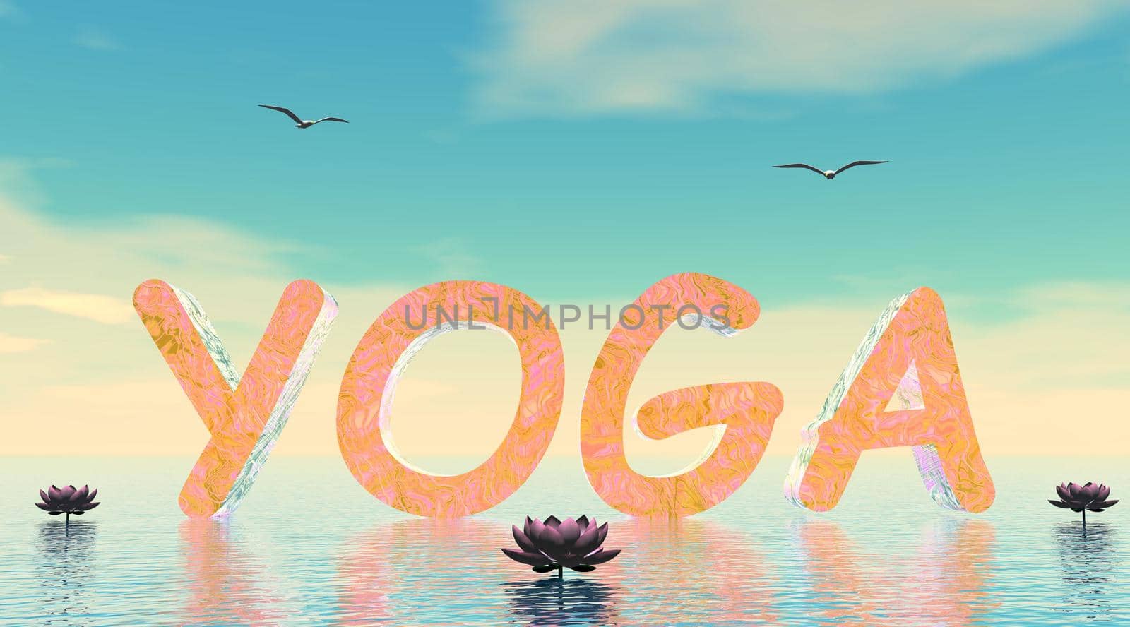 Yoga letters upon water next to lily flowers by beautiful day with seagulls