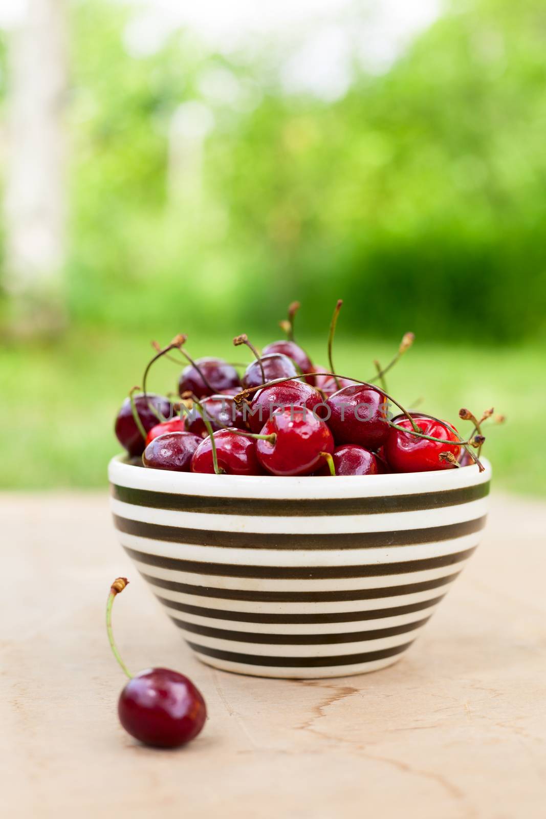 Bowl of sweet cherry on a table outdoors