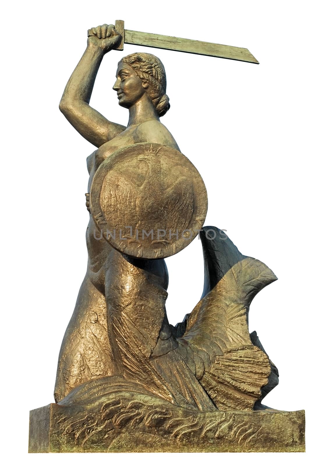 Warsaw fighting mermaid monument is a symbol of the city. Bronze statue, hundred years old. Isolated with path on white background.