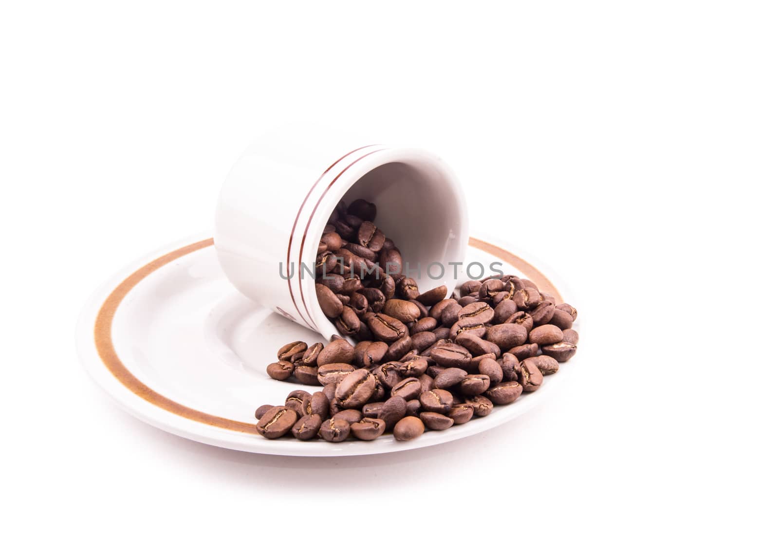 the roasted coffee beans in the cup on the white background