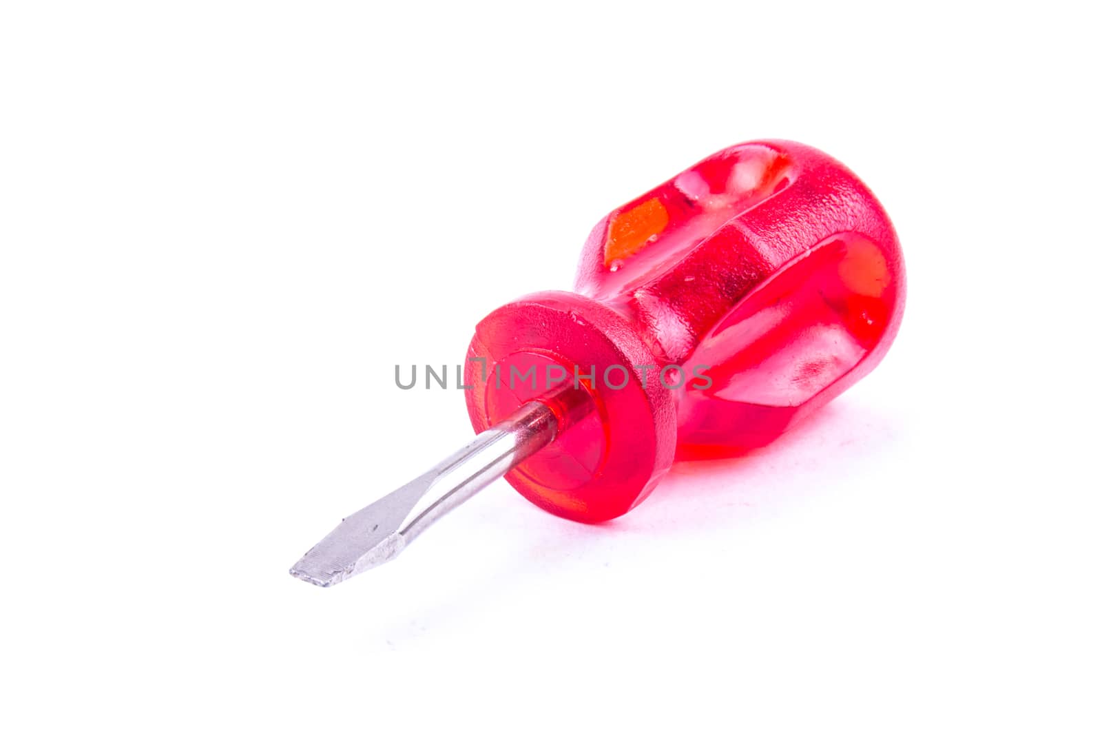 the close up red screw driver on the white background