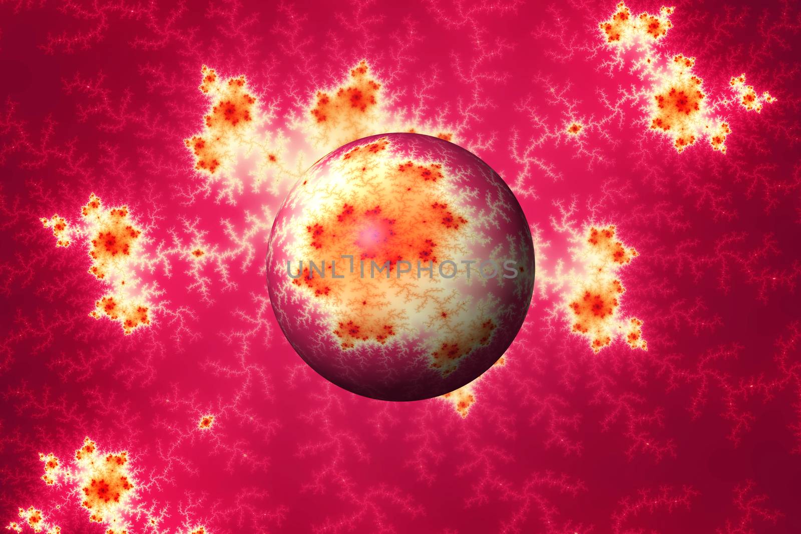 Red color globe on a fractal background.