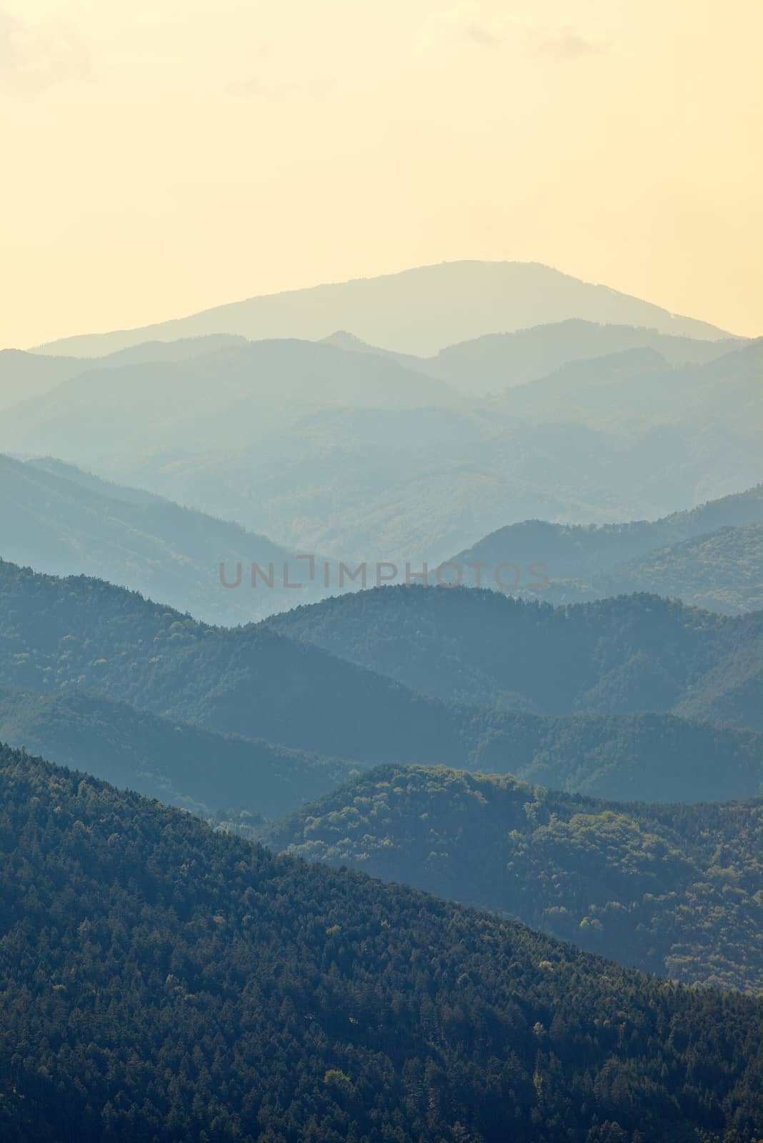 High mountain landscape in hazy weather, soft natural background.