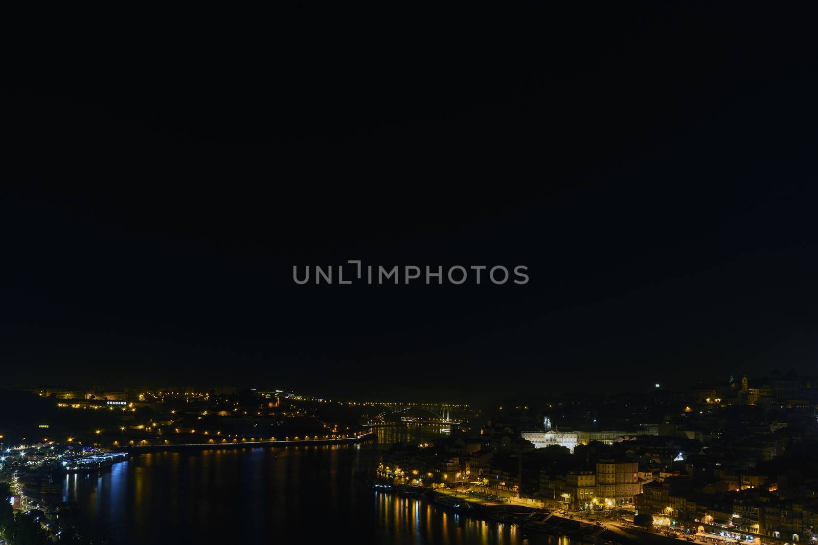 City at night, panoramic scene of downtown reflected in water