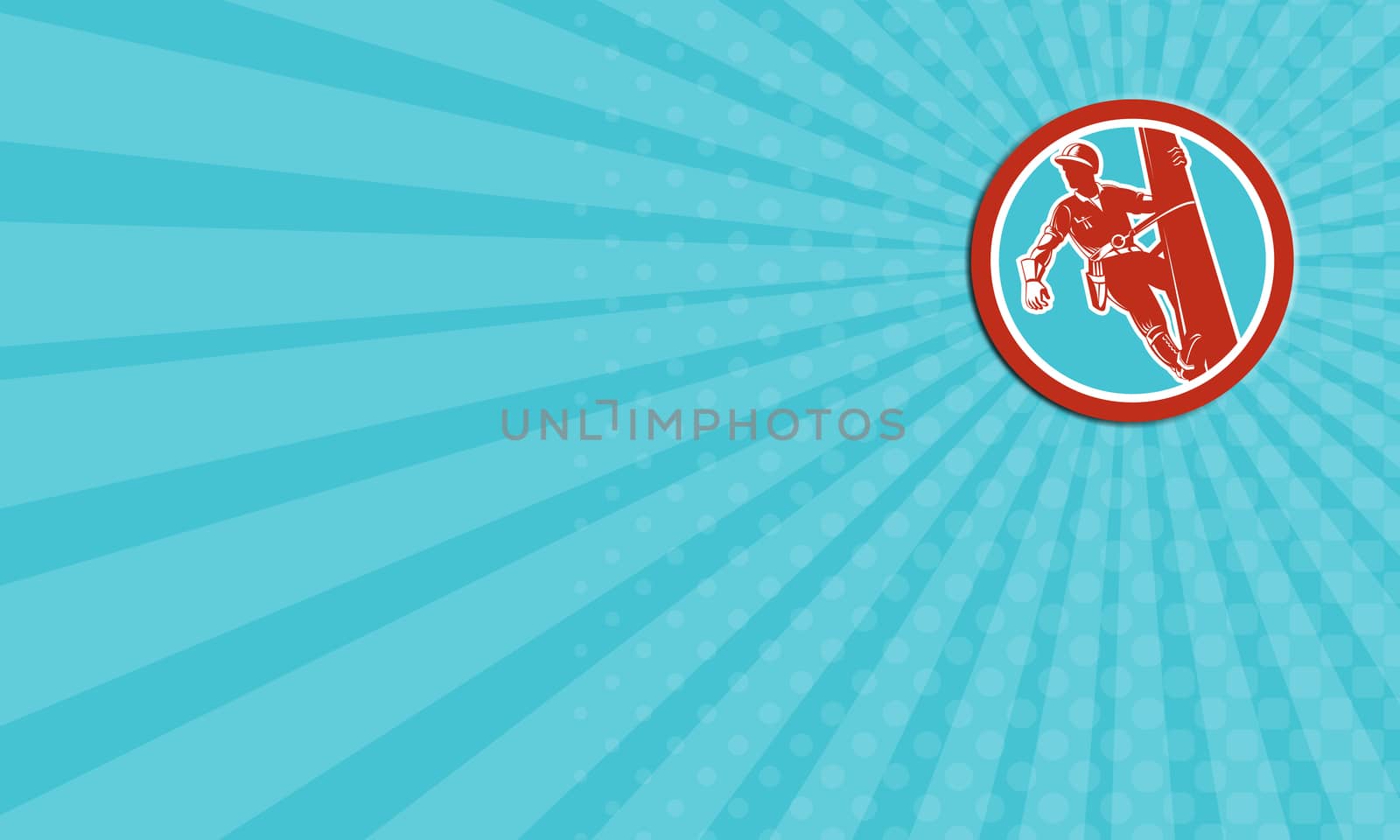 Business card showing illustration of a power lineman telephone repairman worker with harness climbing post done in retro style set inside circle. 